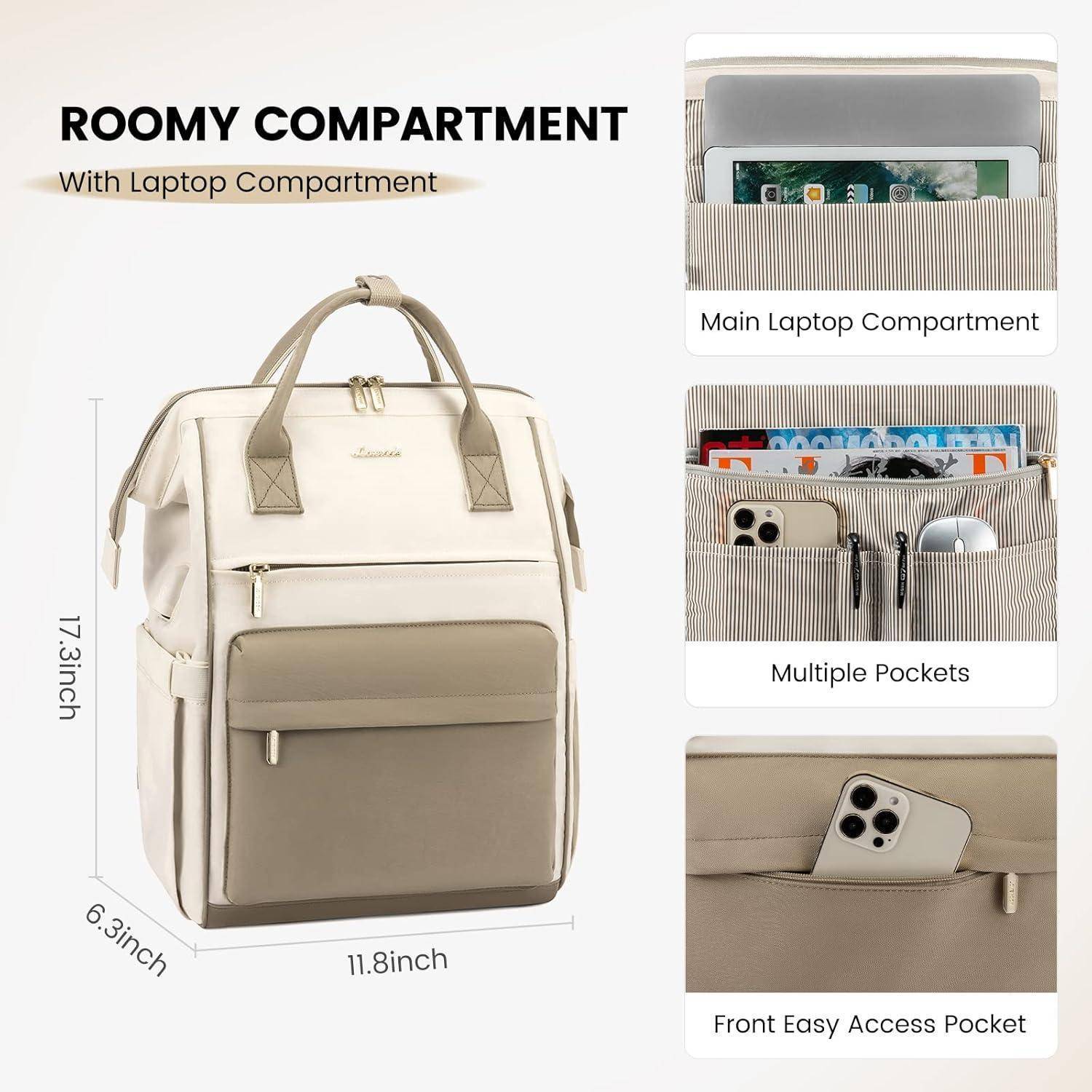 Rucksack Damen 15,6 Zoll Laptop USB Ladeanschluss Wasserdicht Beige