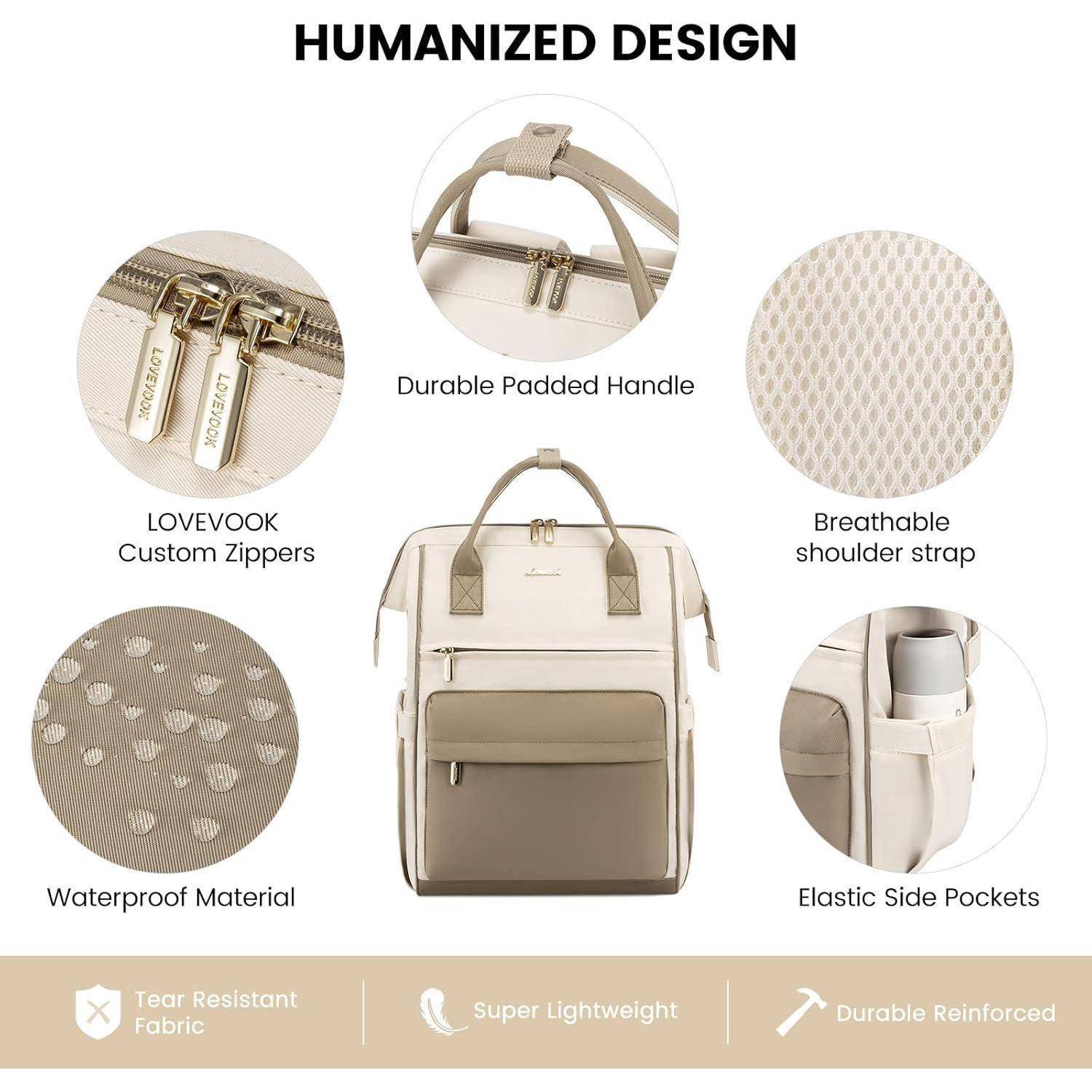 Rucksack Damen 15,6 Zoll Laptop USB Ladeanschluss Wasserdicht Beige