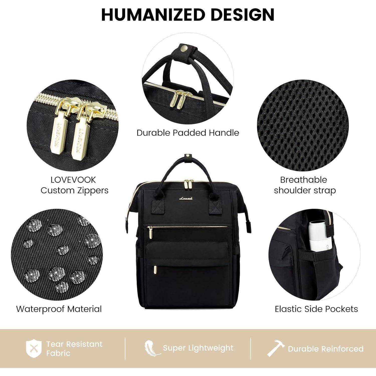 Damen Rucksack 15,6 Zoll Laptop USB Ladeanschluss Schwarz