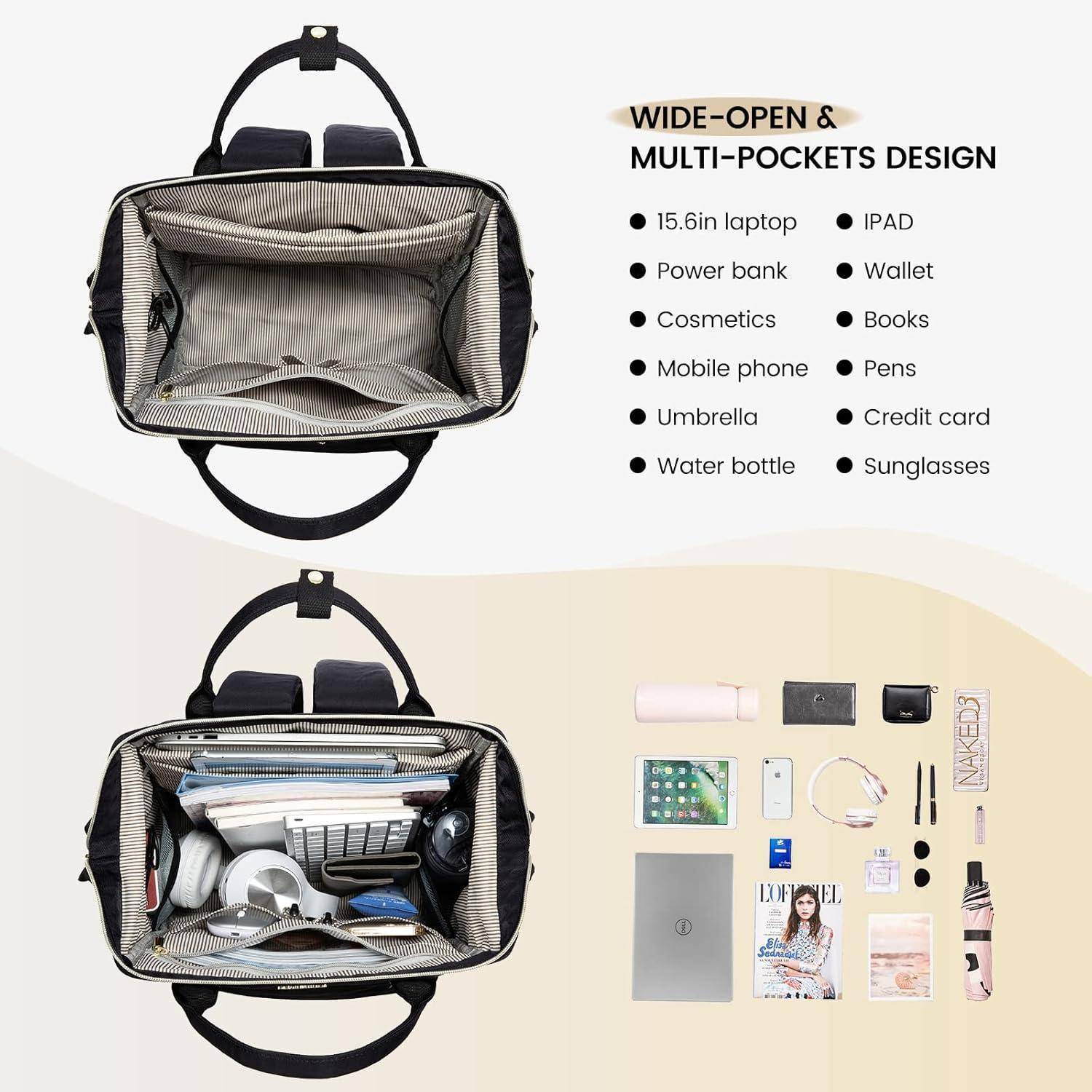 Damen Rucksack 15,6 Zoll Laptop USB Ladeanschluss Schwarz