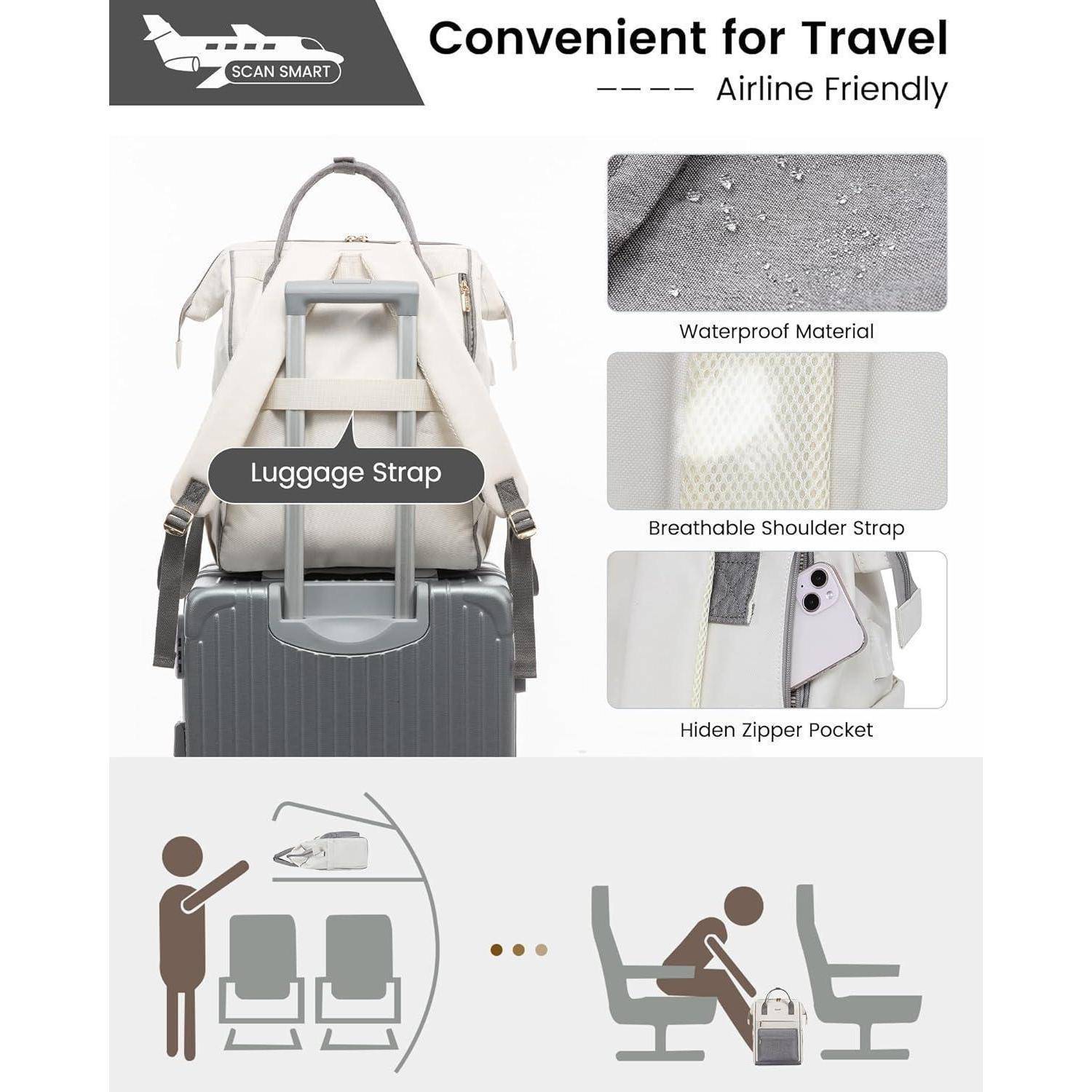 Tasche, die auf einem Koffer gezeigt wird, mit folgenden Merkmalen: wasserdichtes Material, atmungsaktiver Schultergurt, versteckte Reißverschlusstasche und Kofferband. Geeignet für Flugreisen.