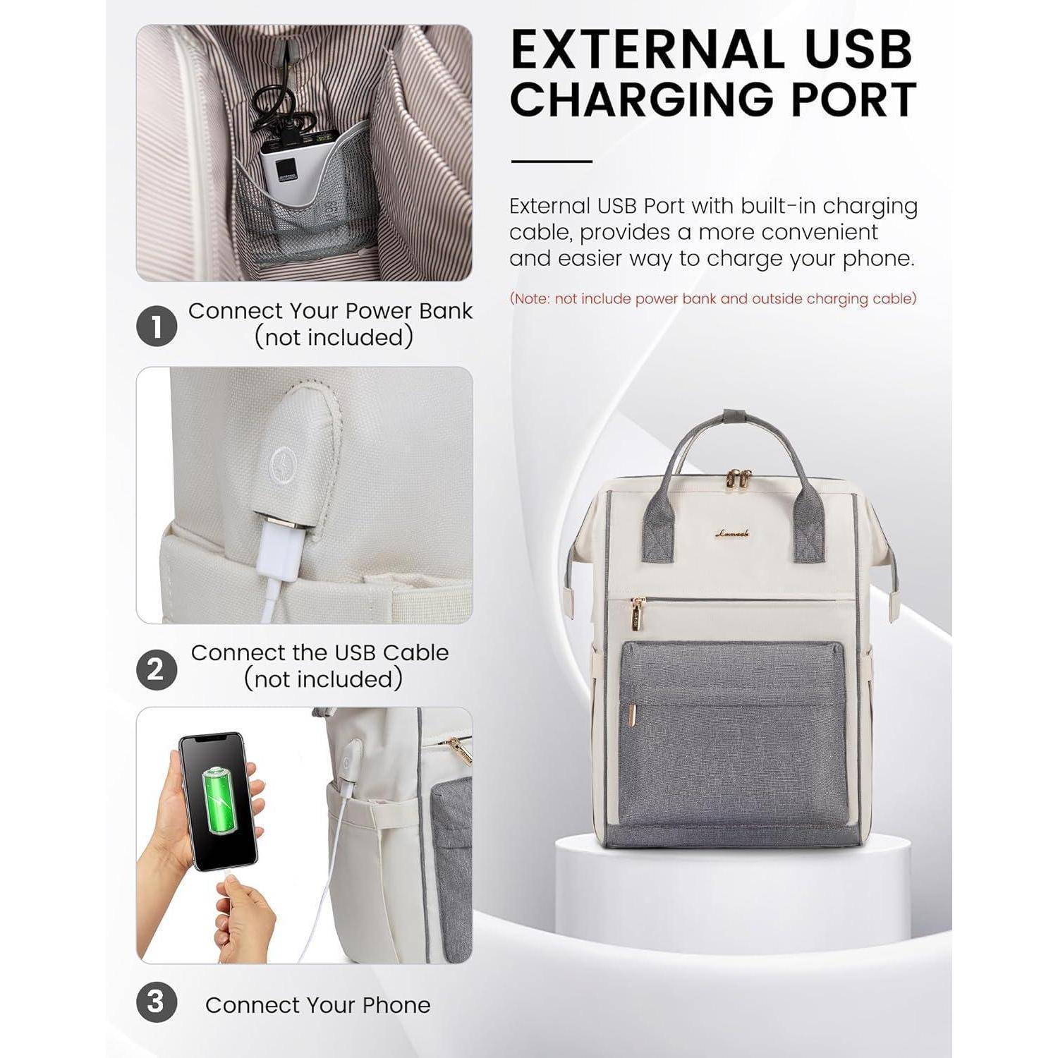 15,6 Zoll Laptop Rucksack Damen Anti Diebstahl USB Backpack Beige Grau