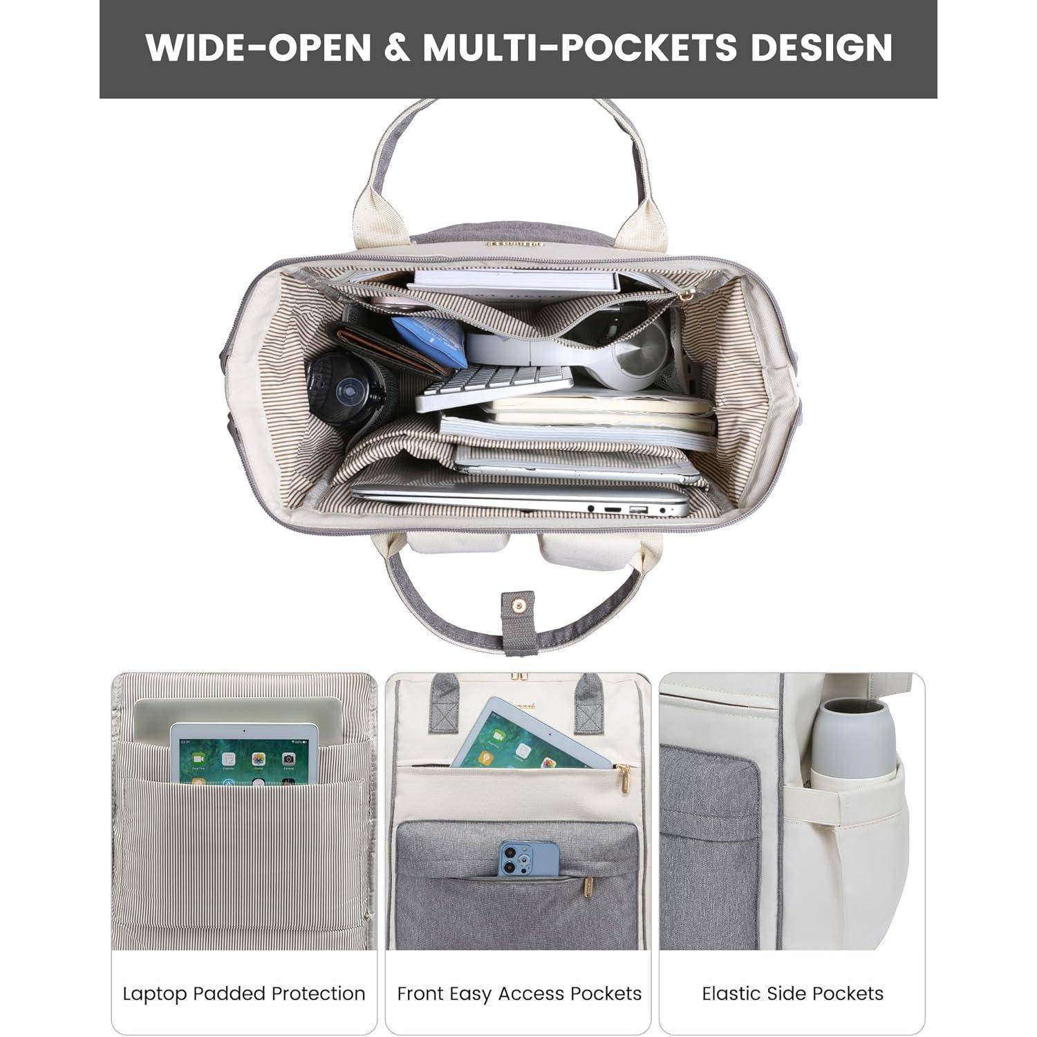 Geöffnete Handtasche, die einen organisierten Innenraum mit mehreren Fächern für Geräte und Zubehör zeigt. Zusätzliche Bilder präsentieren Nahaufnahmen der Fächer.