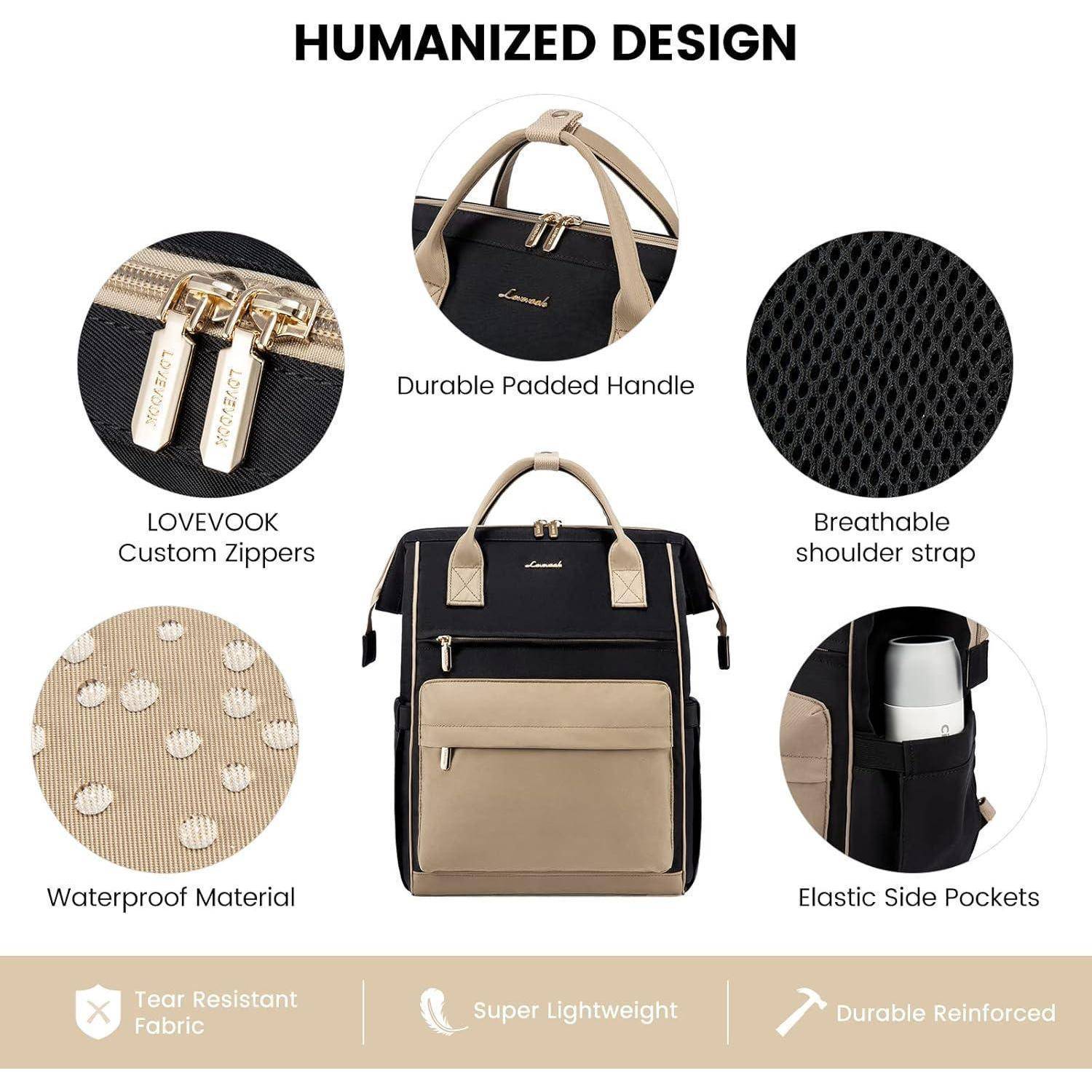 Rucksack mit 'LOVEVOOK' Reißverschlüssen, gepolstertem Griff, atmungsaktivem Riemen, wasserdichtem Material und elastischen Seitentaschen. Hervorgehobene Merkmale sind Reißfestigkeit und leichte Bauweise.