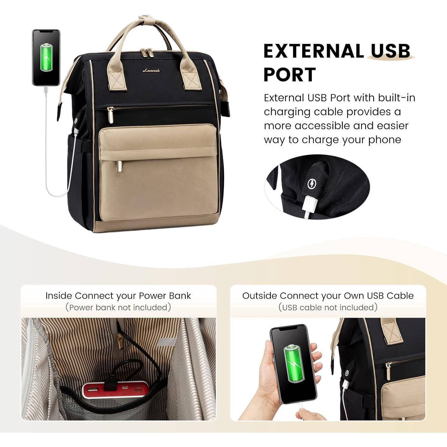 Rucksack mit externem USB-Anschluss zum bequemen Aufladen des Telefons. Zeigt Innentasche für Powerbank und USB-Anschluss von außen.
