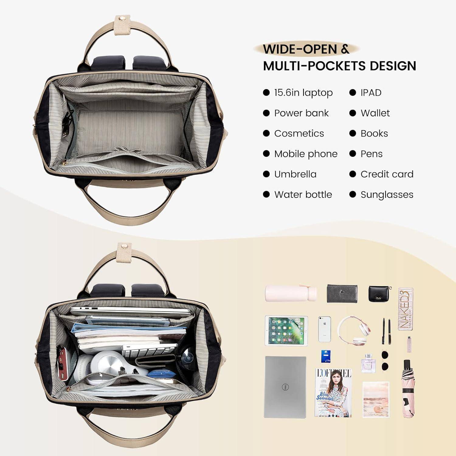 Design mit weitem Öffnungsbereich und vielen Taschen: Tragetasche mit zwei Ansichten - Draufsicht mit elektronischen Geräten, Wasserflasche und Kosmetika im Inneren; darunter ausgebreitete Gegenstände wie Laptop, Powerbank und weitere Utensilien.