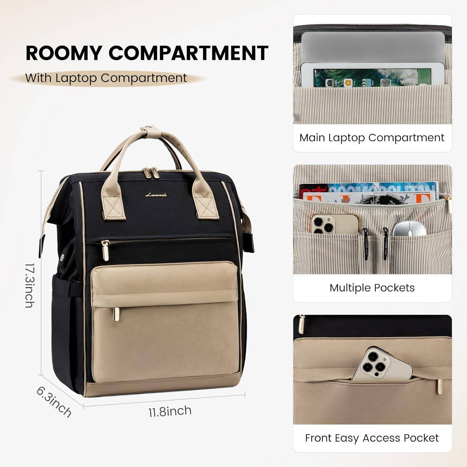 Schwarzer und beiger Rucksack mit einem geräumigen Hauptfach für einen Laptop, mehreren Taschen zur Organisation und einer leicht zugänglichen Fronttasche.