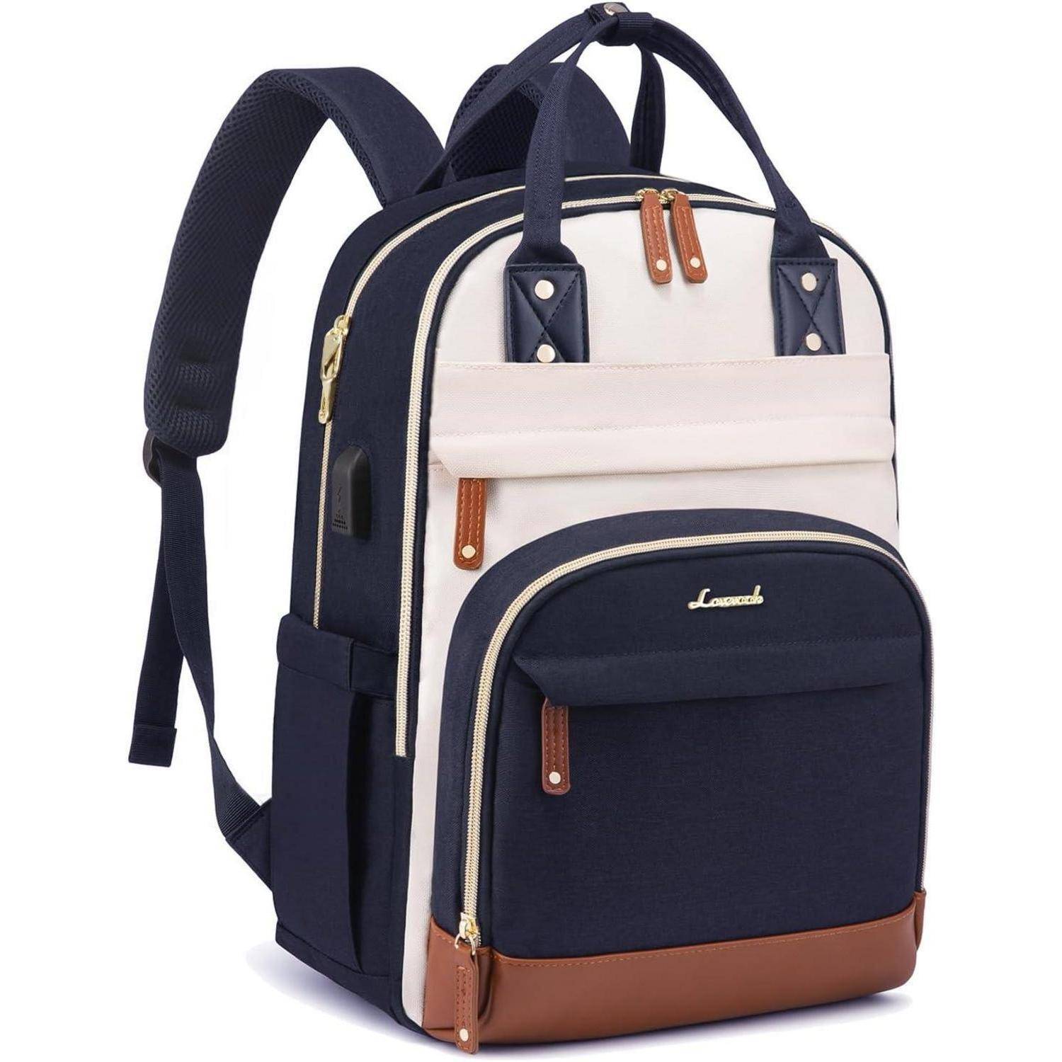 Ein stylischer Rucksack in Navy-Blau und Beige mit Lederakzenten, ausgestattet mit mehreren Reißverschlüssen und Fächern für übersichtliche Aufbewahrung, ideal für den Schulgebrauch.