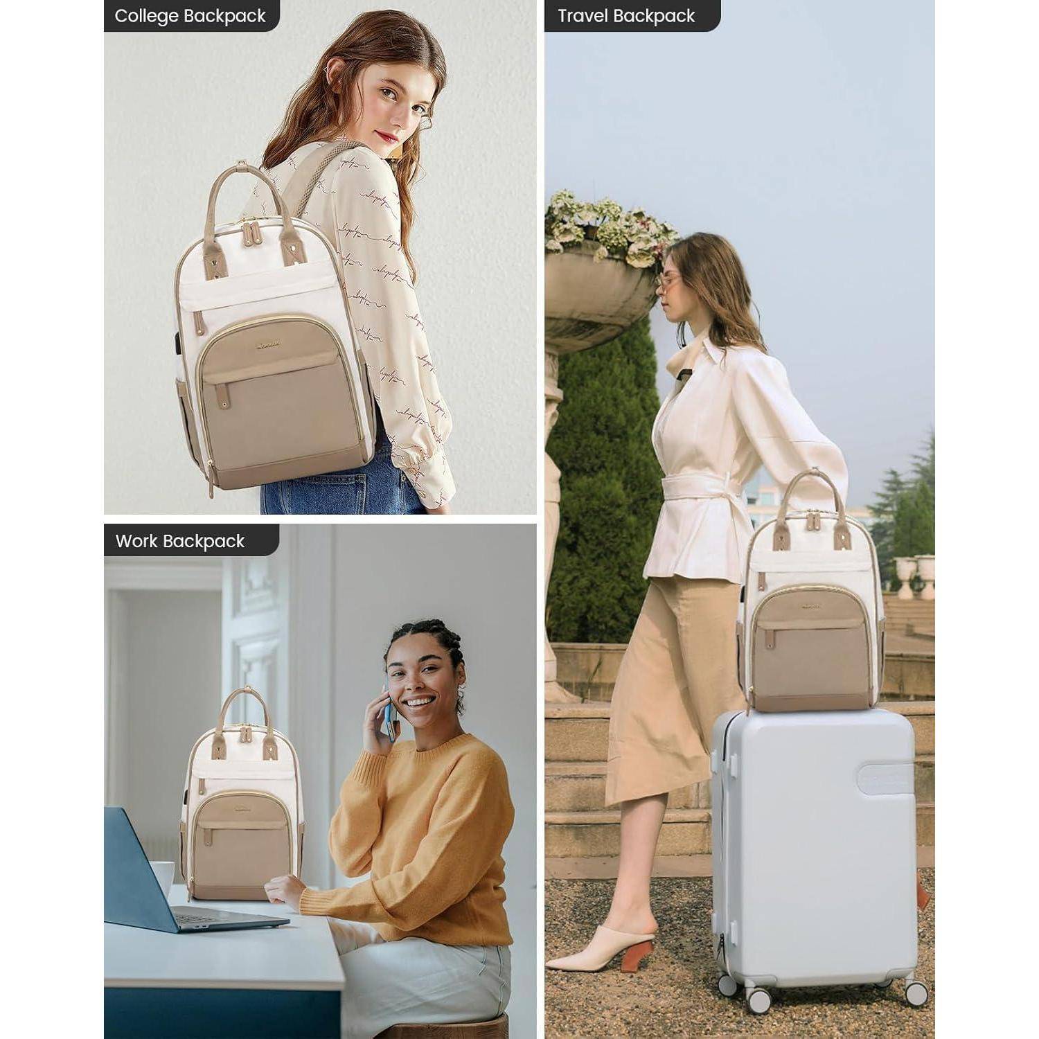 Drei Bilder, die einen Rucksack in verschiedenen Kontexten präsentieren: Studium, Reisen und Arbeit. Jede Situation unterstreicht die Vielseitigkeit des Rucksacks.