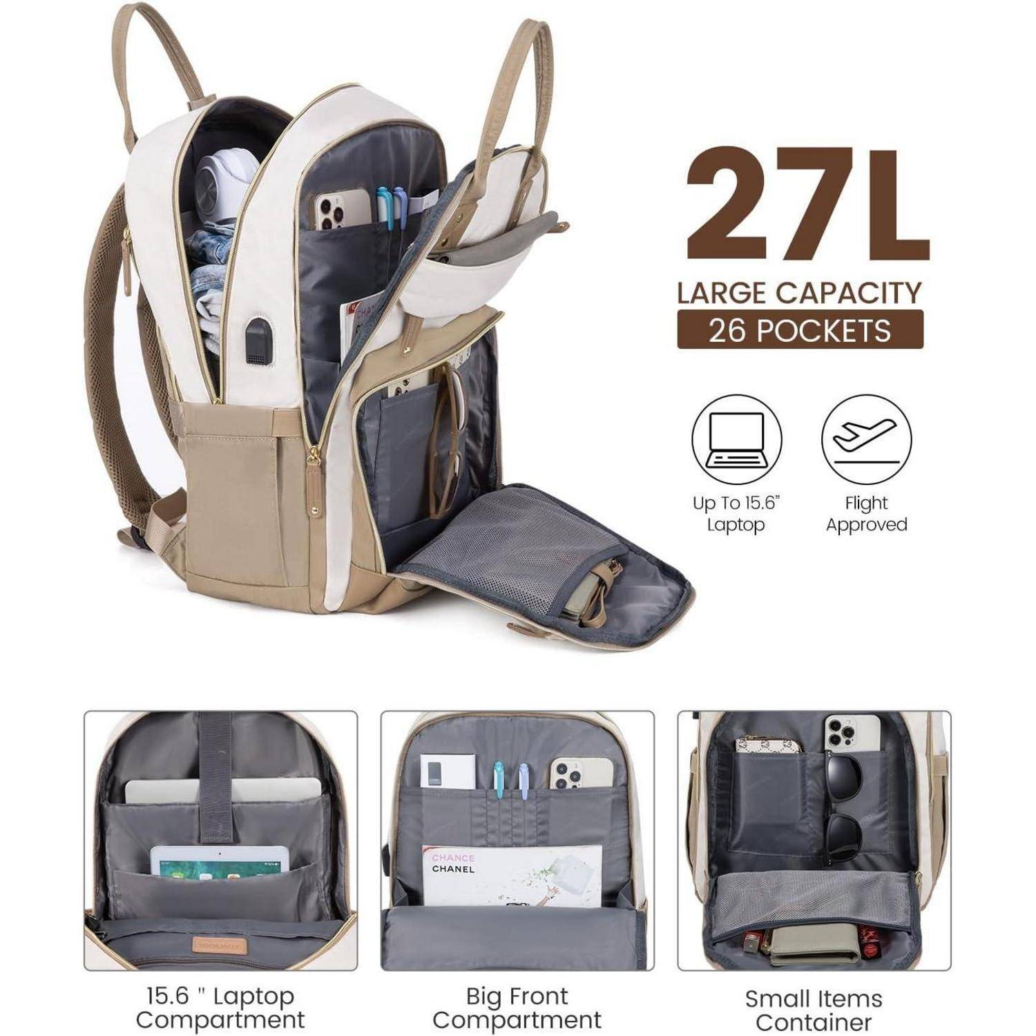 Rucksack mit 27 Liter Fassungsvermögen und 26 Taschen, geeignet für ein Laptop mit 15,6 Zoll. Ausgestattet mit übersichtlichen Fächern für alle Grundbedürfnisse.