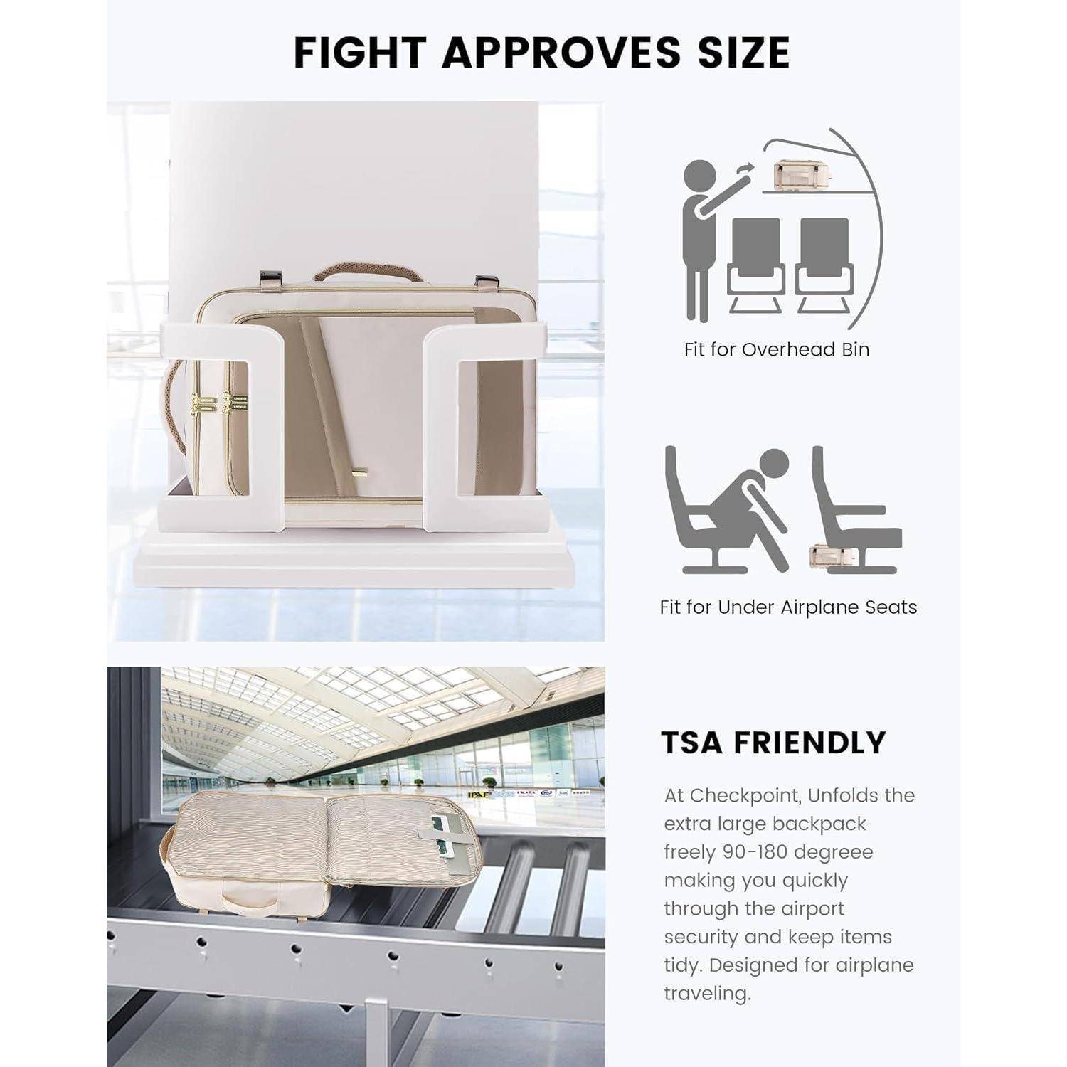 Kampf bestätigt Größe' Infografik, die zeigt, dass der Rucksack in Handgepäckfächern und unter Flugzeugsitzen passt. 'TSA-freundliche' Funktion: entfaltet sich für die Sicherheitskontrolle.