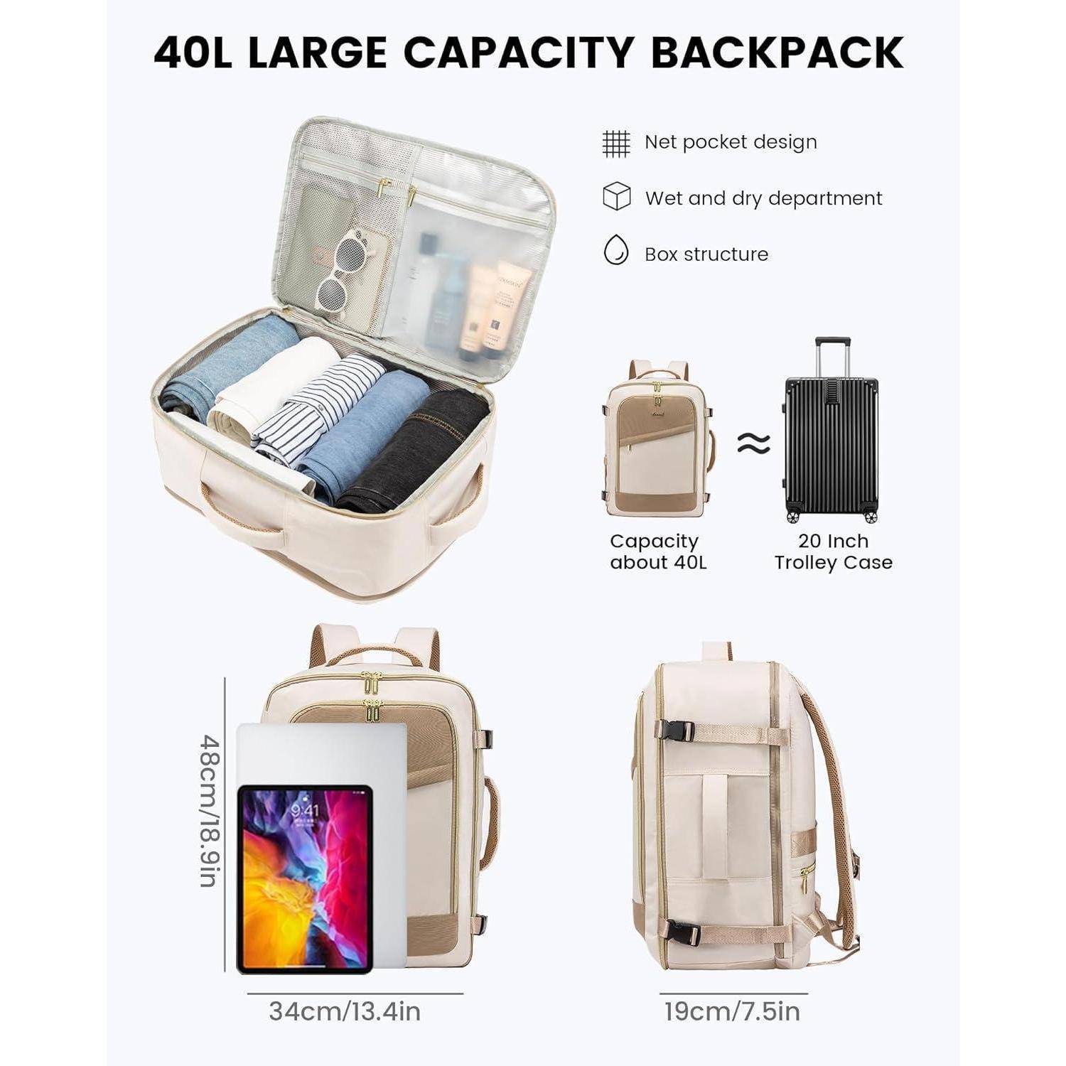 40-Liter-Rucksack mit großer Kapazität' verfügt über Netztaschenlayout, nasse und trockene Fächer sowie Boxenstruktur. Passt auf einen 20-Zoll-Trolleykoffer. Abmessungen: 34 cm x 48 cm x 19 cm.