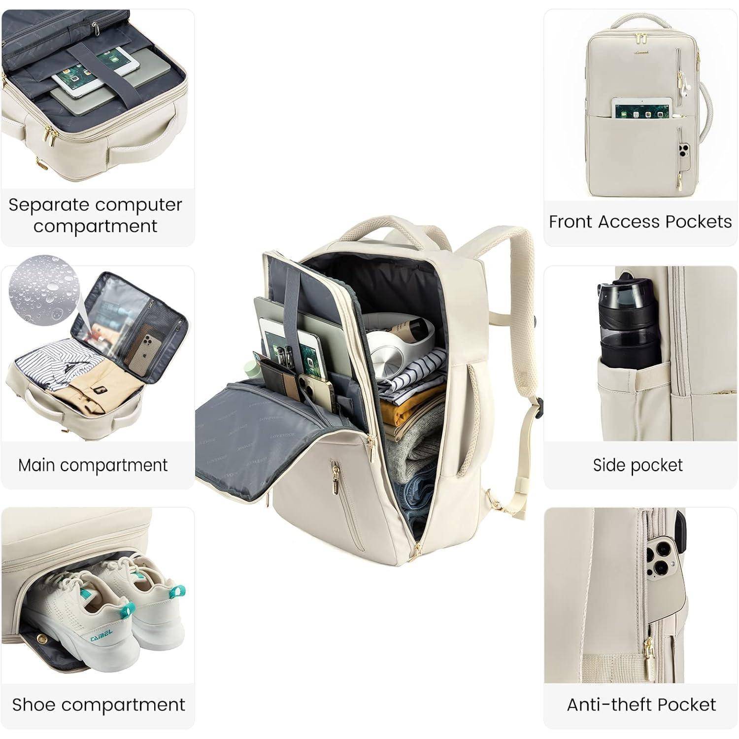 Beige Rucksack mit beschrifteten Fächern für Laptop, Schuhe, Hauptgegenstände, Frontöffnung, seitlicher Tasche für Flasche und RFID-Diebstahlschutz-Fach.