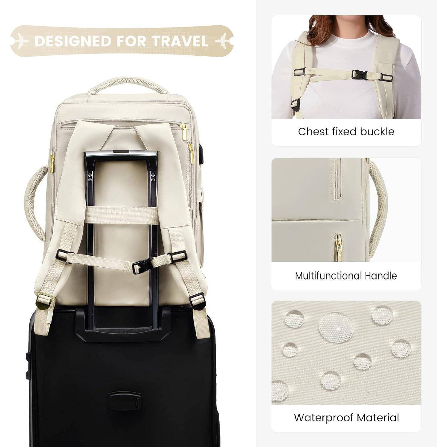 Eine Reisetasche auf einem Koffer. Zu den Merkmalen gehören eine Brustgurt-Schnalle, ein multifunktionaler Griff und wasserdichtes Material.