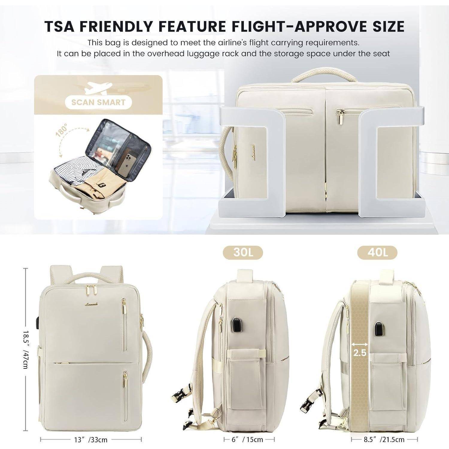 TSA-freundlicher Rucksack mit Laptop-Fach, flugzeugtauglich, mit geöffnetem Laptopfach, Abmessungen und 30L/40L-Optionen in Front- und Seitenansicht dargestellt.