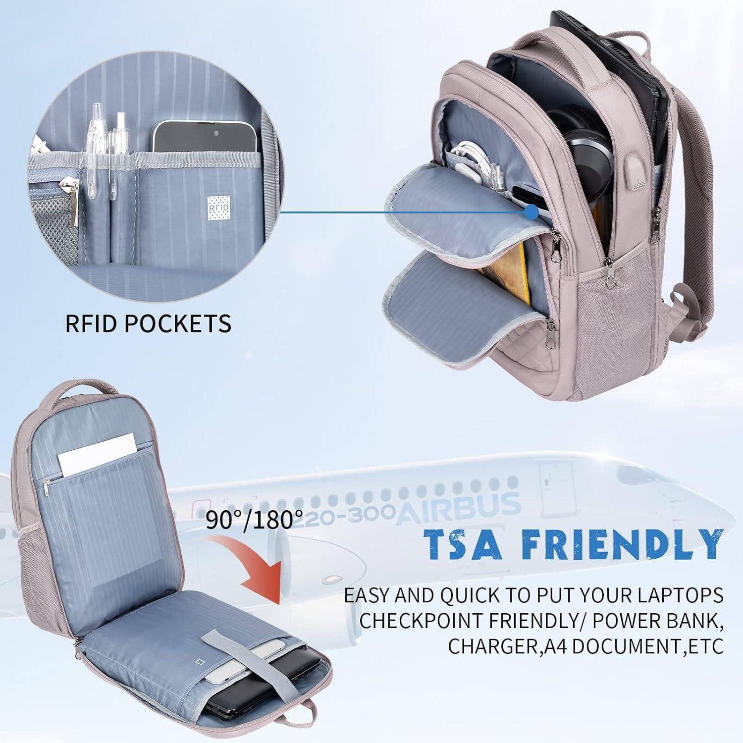 TSA-freundlicher Rucksack mit RFID-Taschen, mehreren Fächern und 90/180-Grad-Öffnung für einfachen Zugang zu Elektronik und Dokumenten.