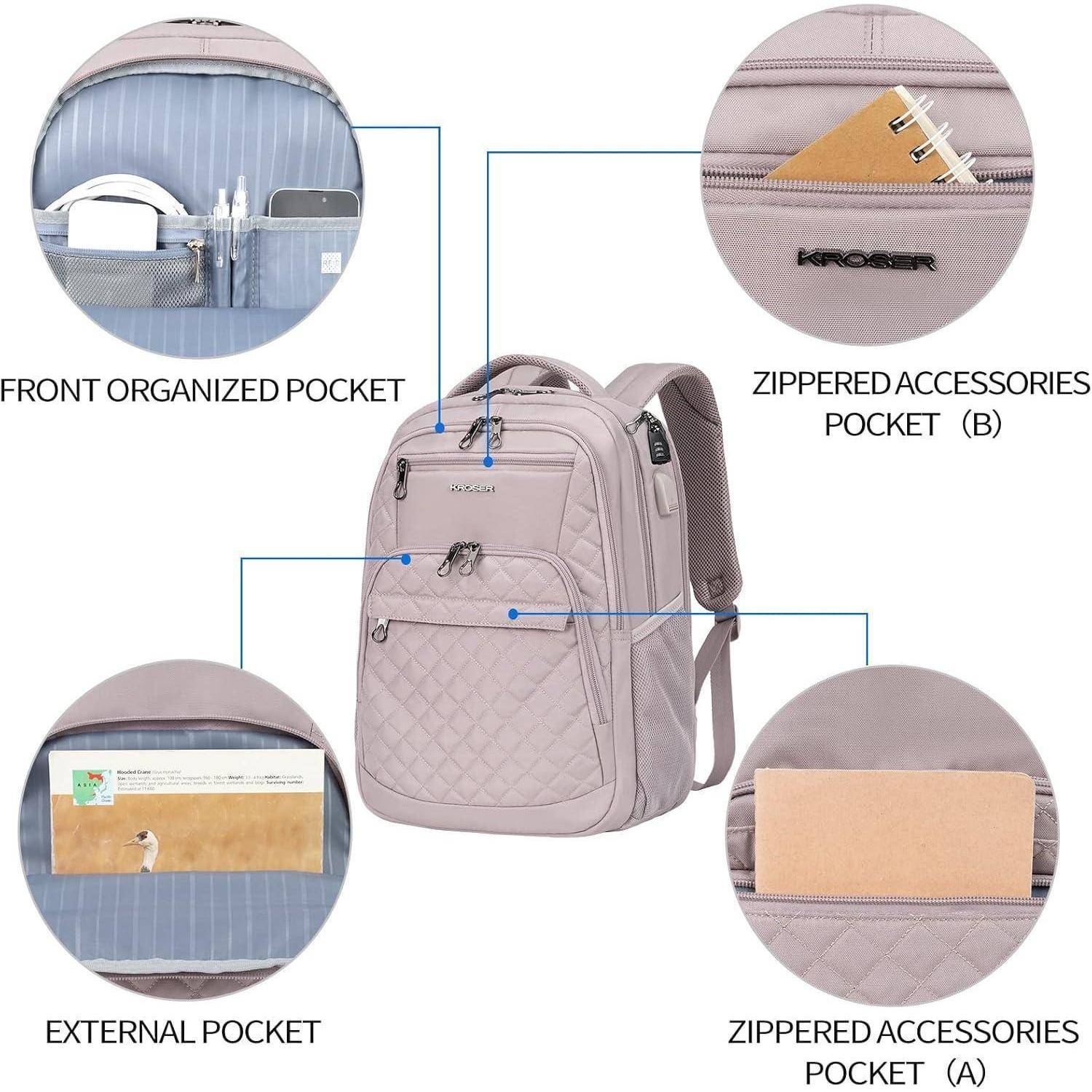 Grauer Rucksack mit vorderer Organisationstasche, äußerer Tasche und zwei beschrifteten Reißverschlusszubehörtaschen A und B.