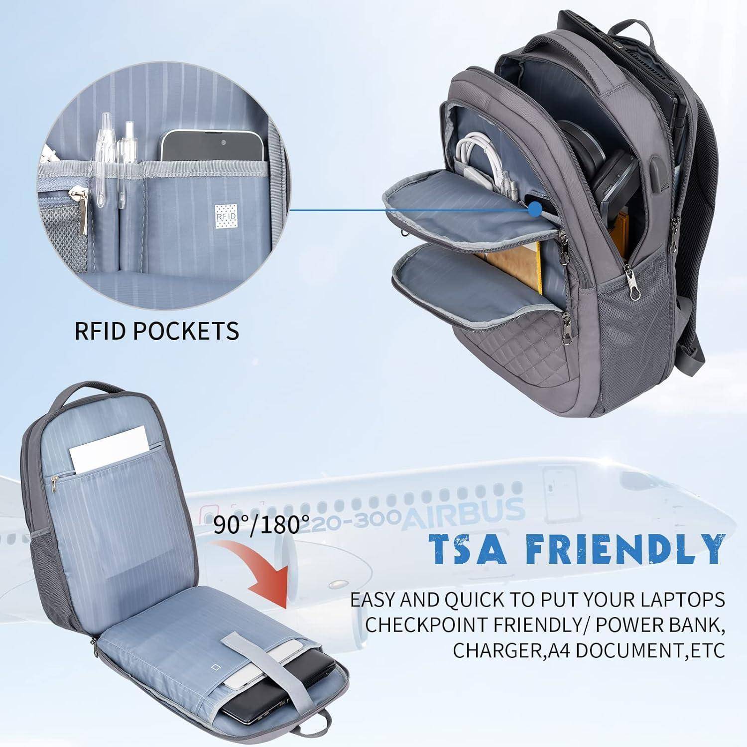 Rucksack mit mehreren Fächern, geöffnet in 90/180 Grad. Gekennzeichnete Merkmale: RFID-Taschen, TSA-freundlich, Laptopfach.