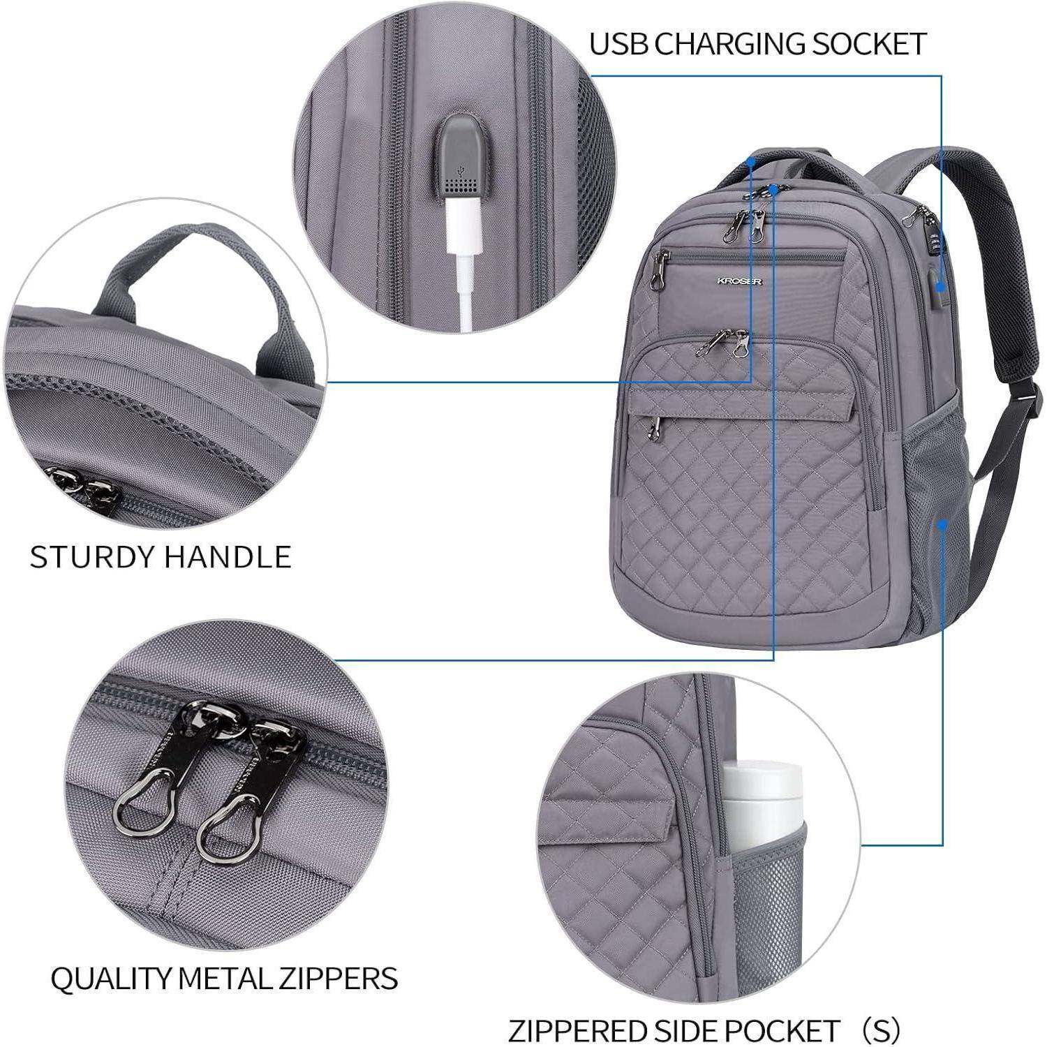 Rucksack mit gestepptem Design verfügt über eine USB-Ladebuchse, stabilen Griff, hochwertige Metallreißverschlüsse und eine seitliche Reißverschlusstasche.