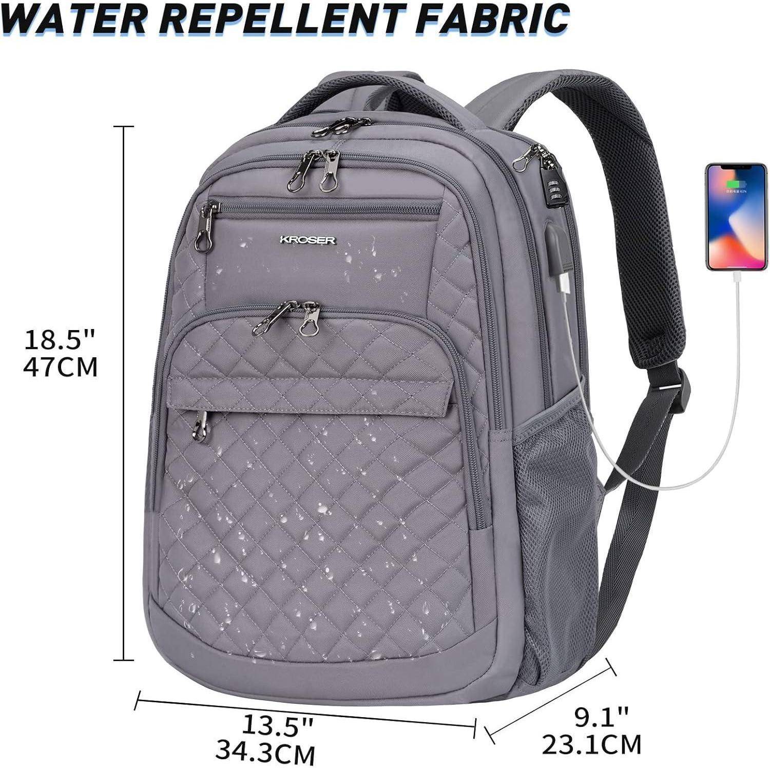 Grauer Rucksack aus wasserabweisender Stoff, ausgestattet mit drei Fronttaschen, USB-Ladeanschluss und Schultergurten. Abmessungen: 18,5