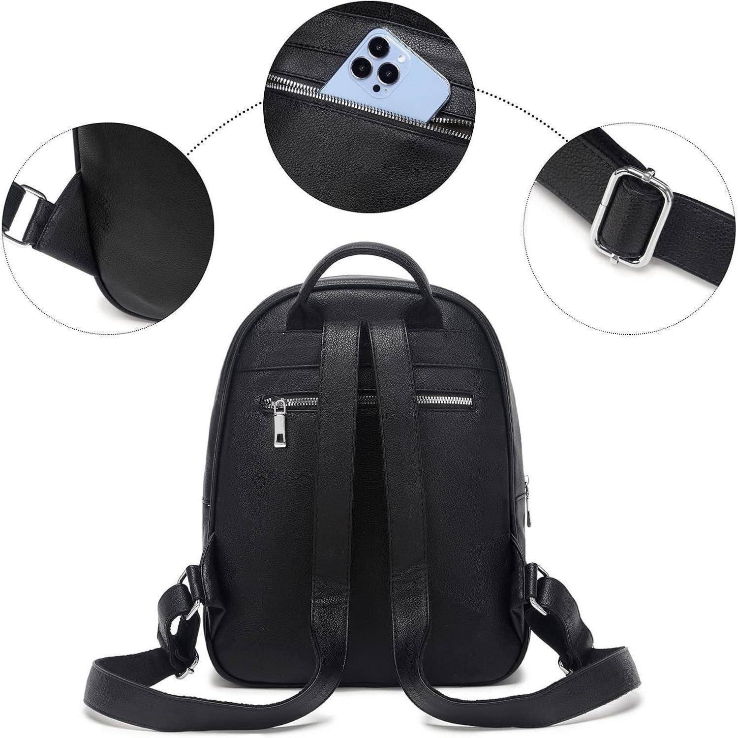 Schwarzer Lederrucksack mit mehreren Taschen, einschließlich einer versteckten Rückentasche, die ein Telefon enthält. Ausgestattet mit verstellbaren Trägern.