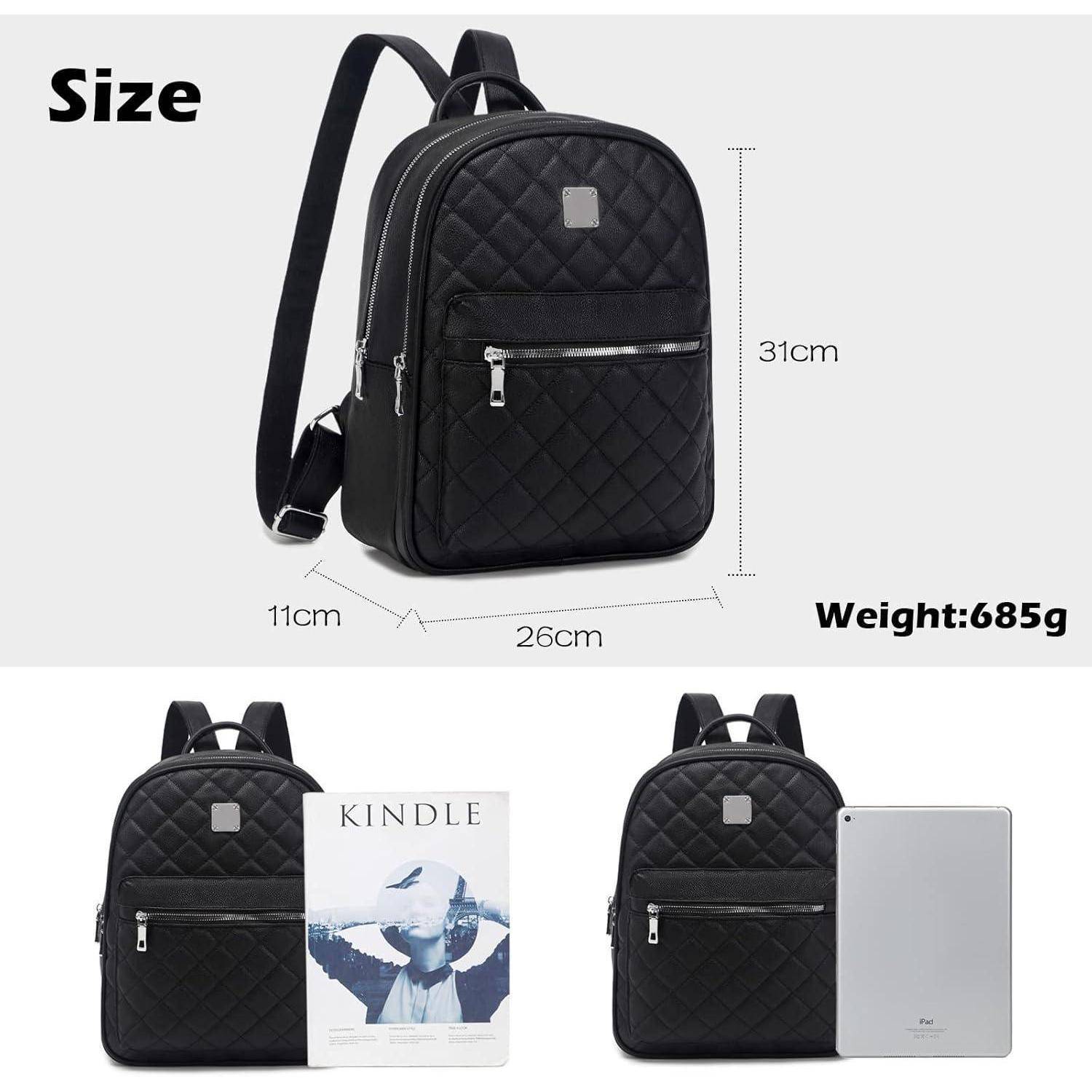 Ein schwarzer Rucksack mit gestepptem Design misst 31 cm in der Höhe, 26 cm in der Breite und 11 cm in der Tiefe. Er wiegt 685 g und kann ein großes Buch oder ein Tablet aufnehmen.