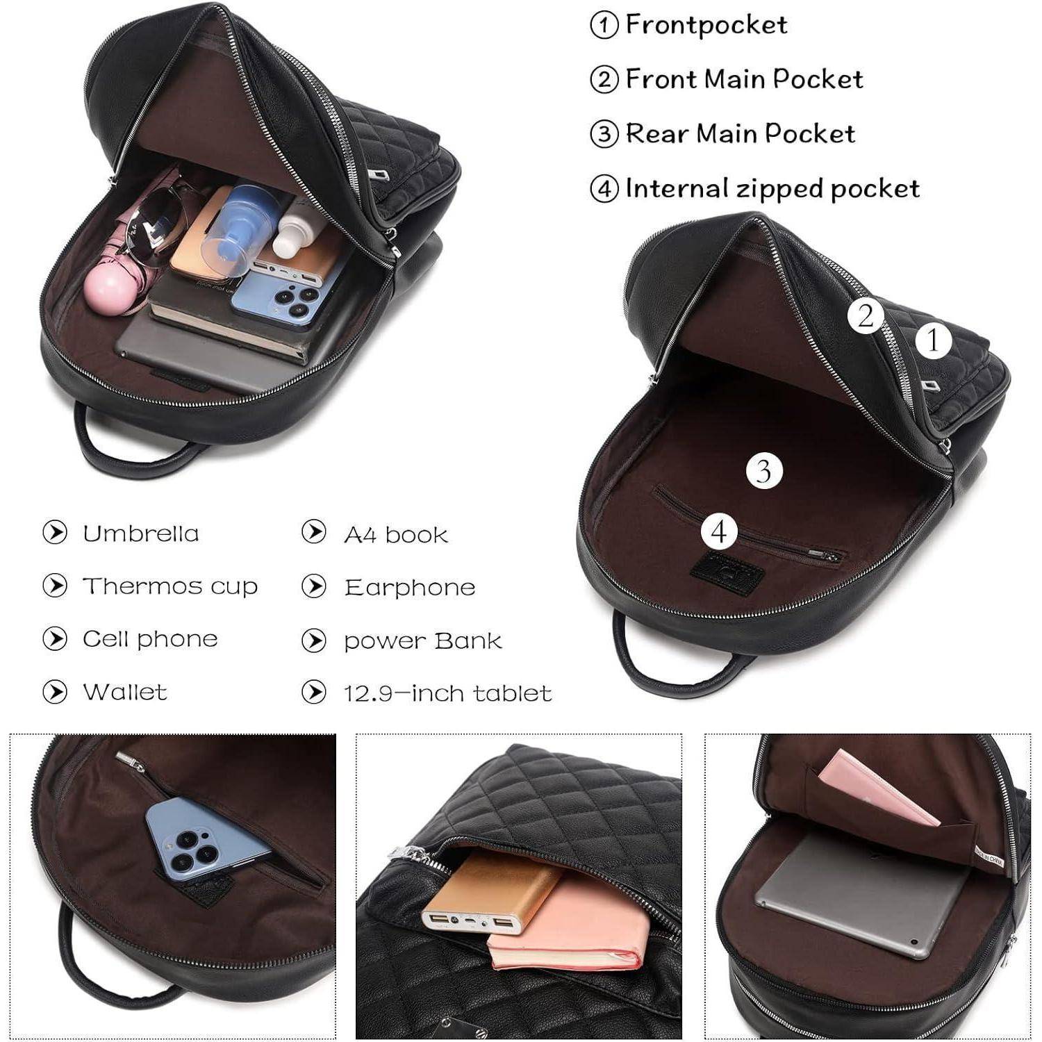 Geöffneter Rucksack mit übersichtlich angeordneten Fächern, in dem eine Regenschirm, eine Thermoskanne, ein Mobiltelefon, ein Portemonnaie, ein A4-Buch, Kopfhörer, ein Powerbank und ein 12,9-Zoll-Tablet übersichtlich verstaut sind. Mit Beschriftungen für einfachen Zugriff.