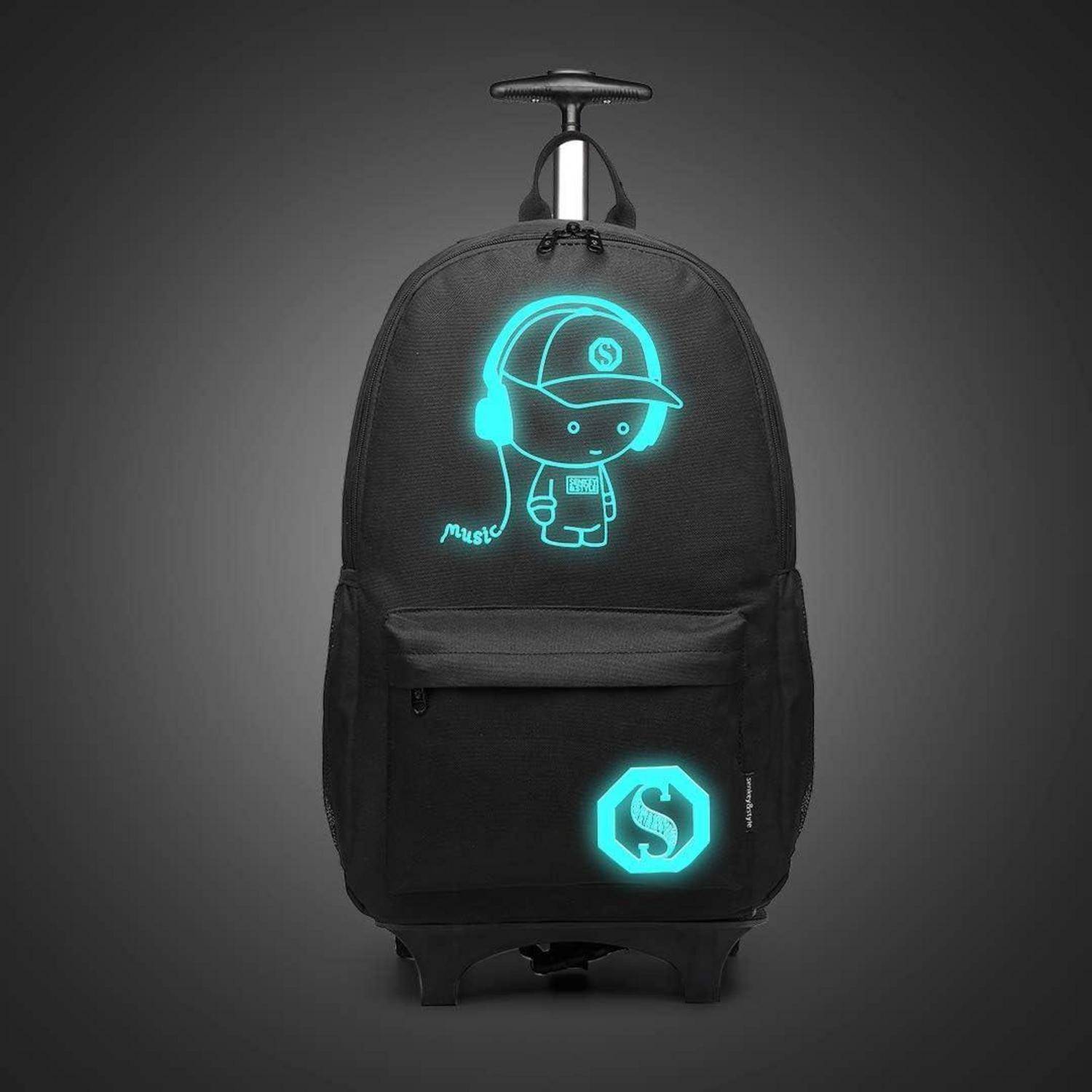 Ein schwarzer Koffer mit einem leuchtend neonblauen Cartoon-Charakterdesign, der Kopfhörer trägt. Der Koffer verfügt über einen Griff und Rollen.