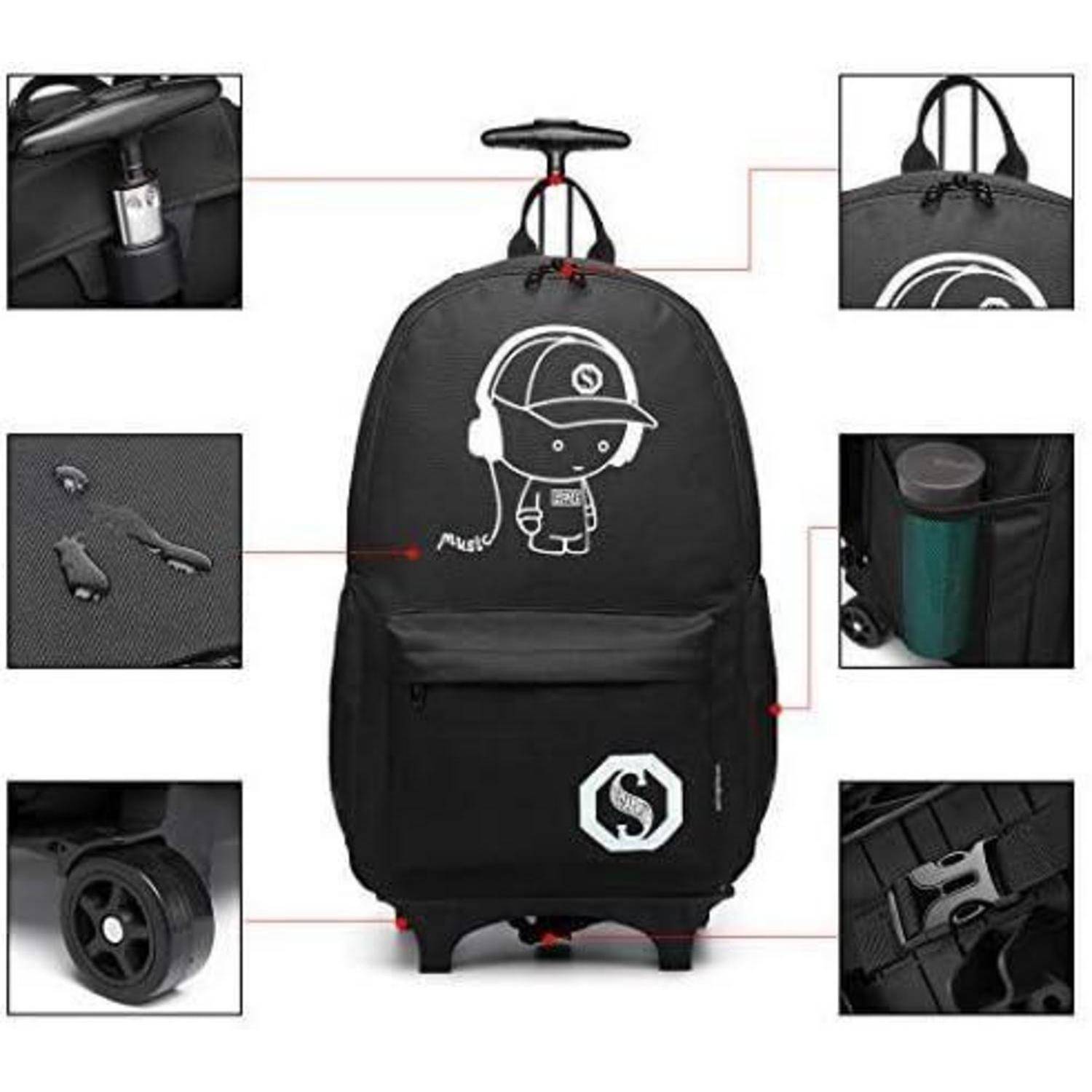 Schwarzer Rucksack mit Rollen und ausziehbarem Griff. Zu den Merkmalen gehören eine Wasserflaschentasche, diebstahlsichere Reißverschlüsse und ein Comicdesign auf der Vorderseite.