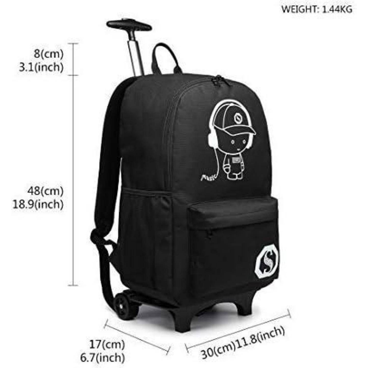 Ein schwarzer Rollrucksack mit Cartoon-Charakterdesign. Maße: 48cm x 30cm x 17cm. Gewicht: 1,44 kg.