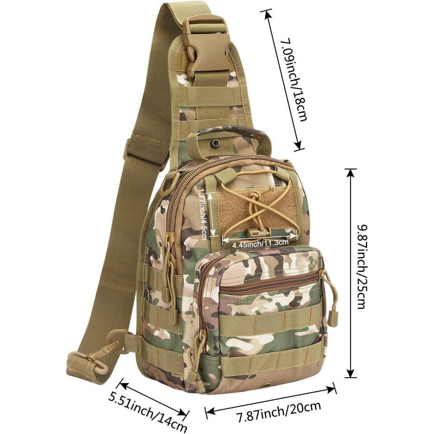 Tarnfarbener Schulterrucksack mit mehreren Taschen, verstellbarem Riemen und den Abmessungen: 20 cm hoch, 14 cm breit, 25 cm tief.