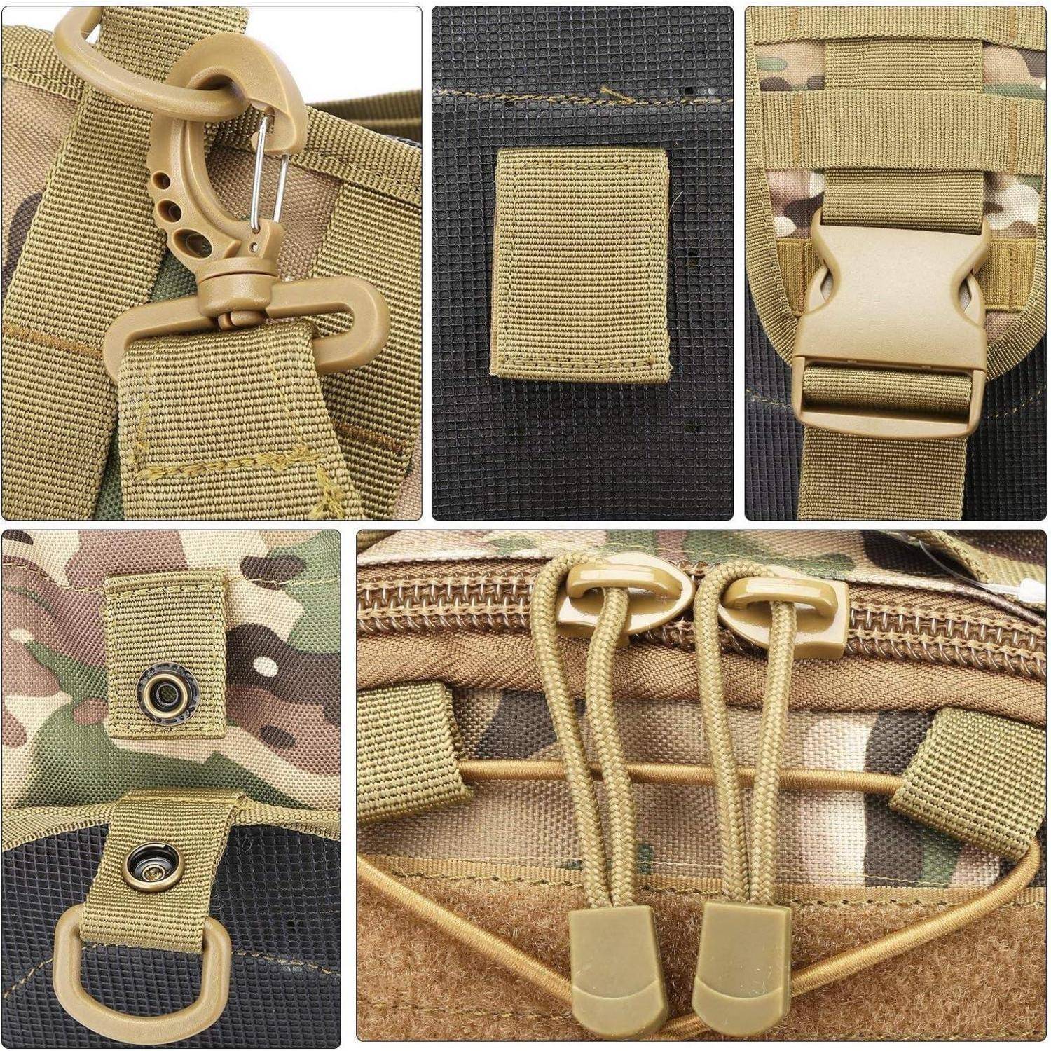 Detailaufnahme eines taktischen Rucksacks, die Schnallen, Riemen, Schlaufen, Tarnstoff und Kordelzugverschlüsse hervorhebt.