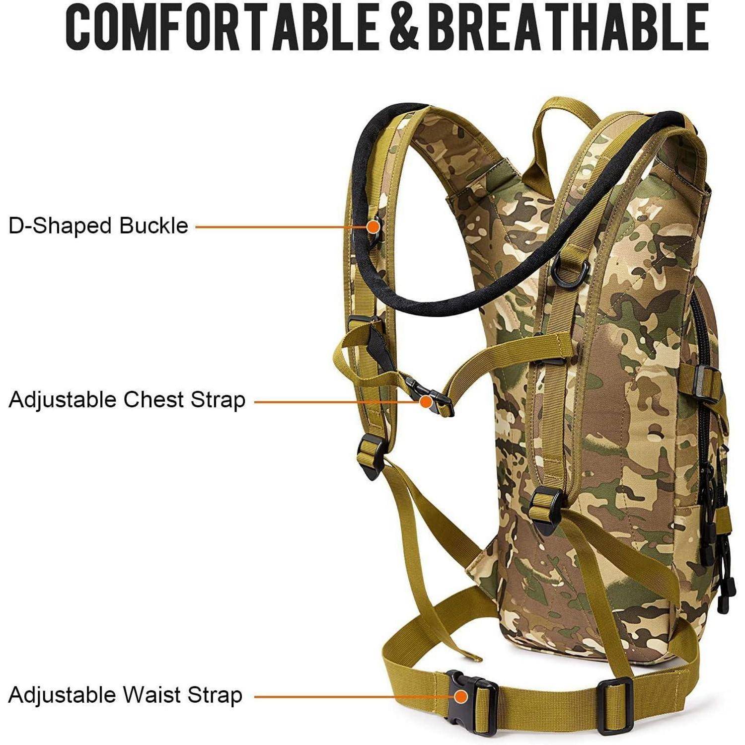 Camouflage Hydration Rucksack mit 'D-förmiger Schnalle', 'Verstellbarem Brustgurt' und 'Verstellbarem Hüftgurt
