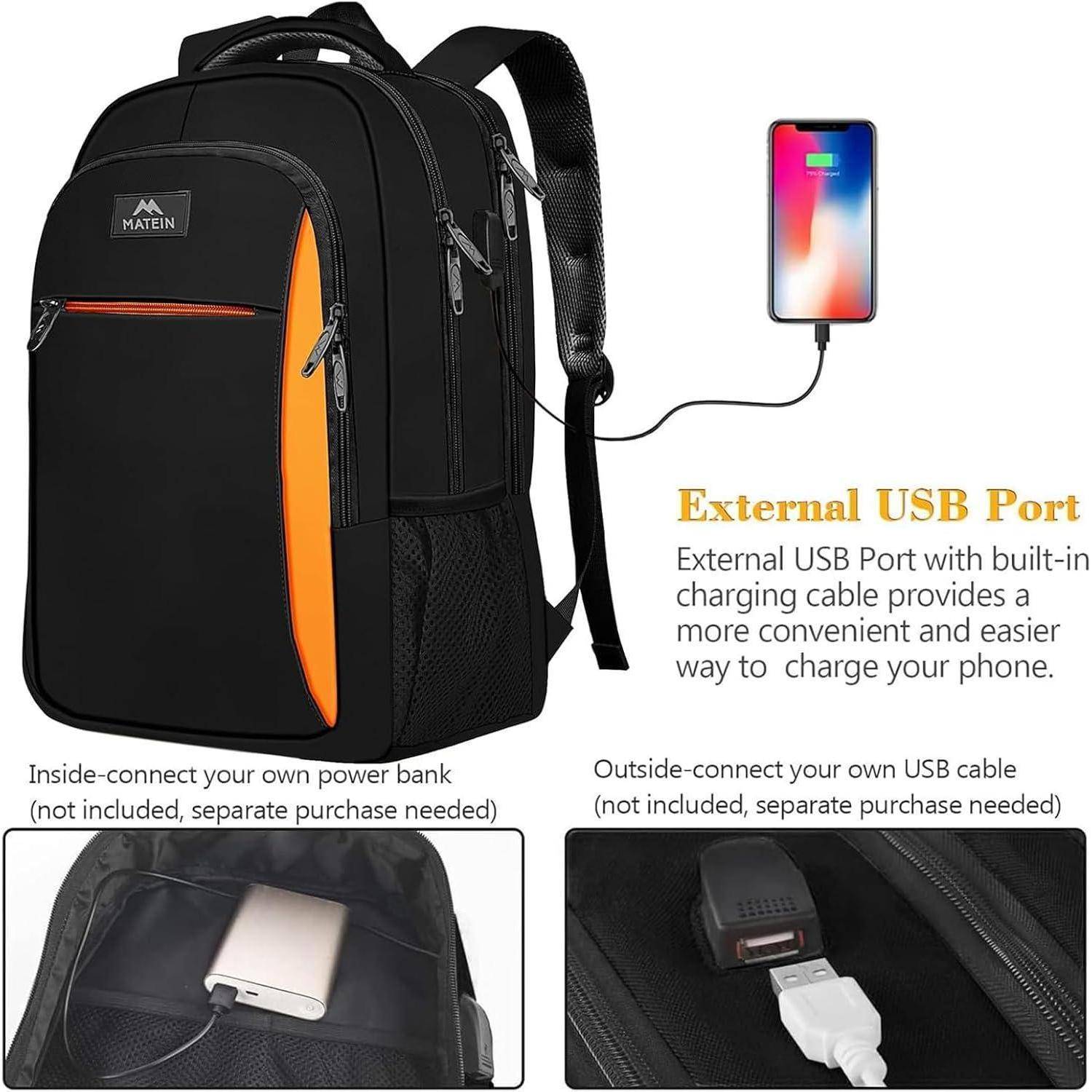 Ein schwarzer Rucksack mit orangefarbenen Akzenten verfügt über einen externen USB-Anschluss zum Aufladen von Geräten. Enthält Fächer für Powerbanks und Kabel.