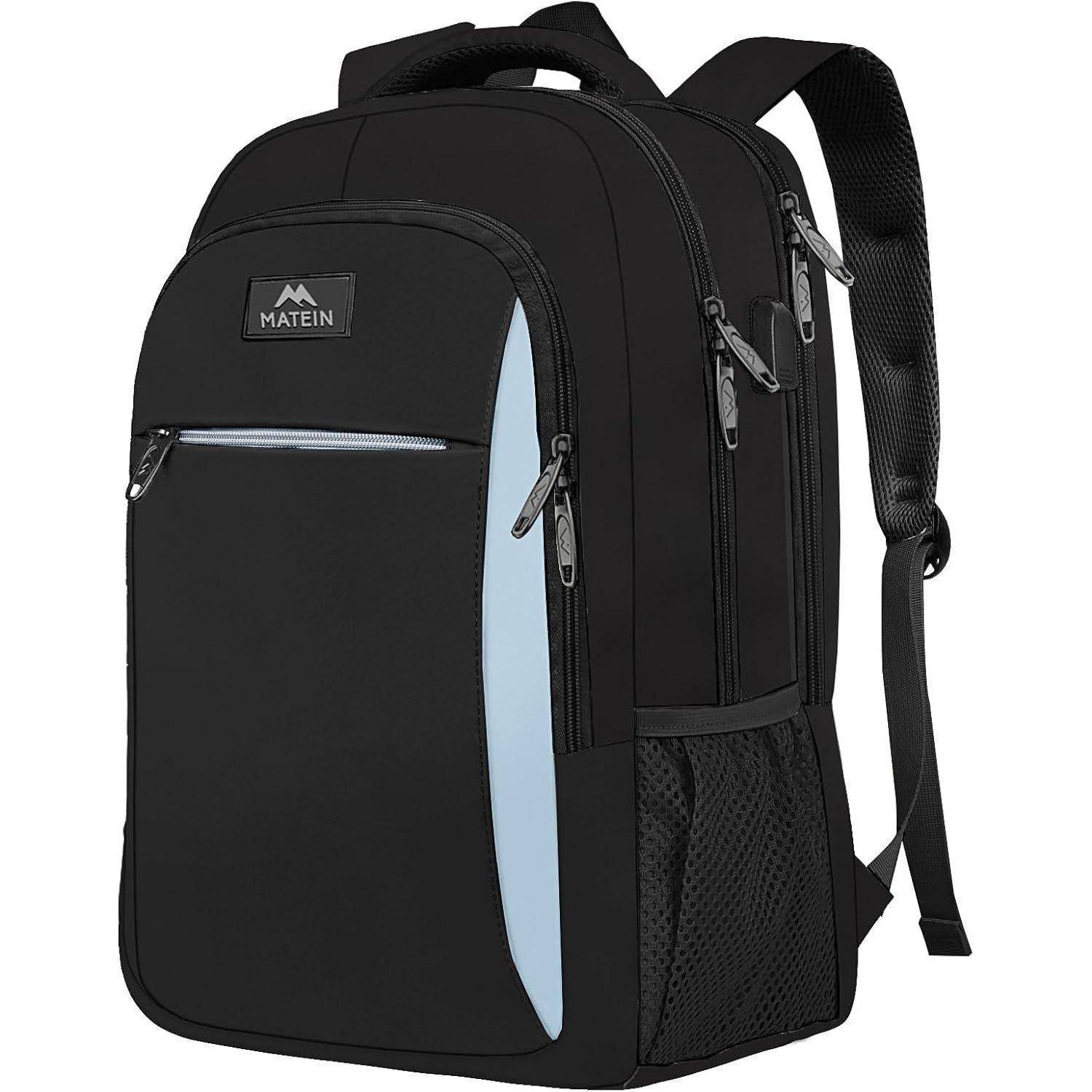 Ein schwarzer Rucksack mit mehreren Reißverschluss-Fächern, einer vorderen Netztasche und gepolsterten Schultergurten.