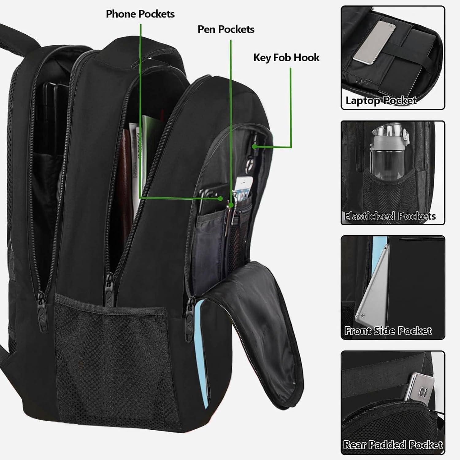 Ein schwarzer Rucksack, der verschiedene Stauraummöglichkeiten präsentiert, darunter ein Laptopfach, Handytaschen, Stiftschlaufen, einen Schlüsselanhänger und elastische Seitentaschen.