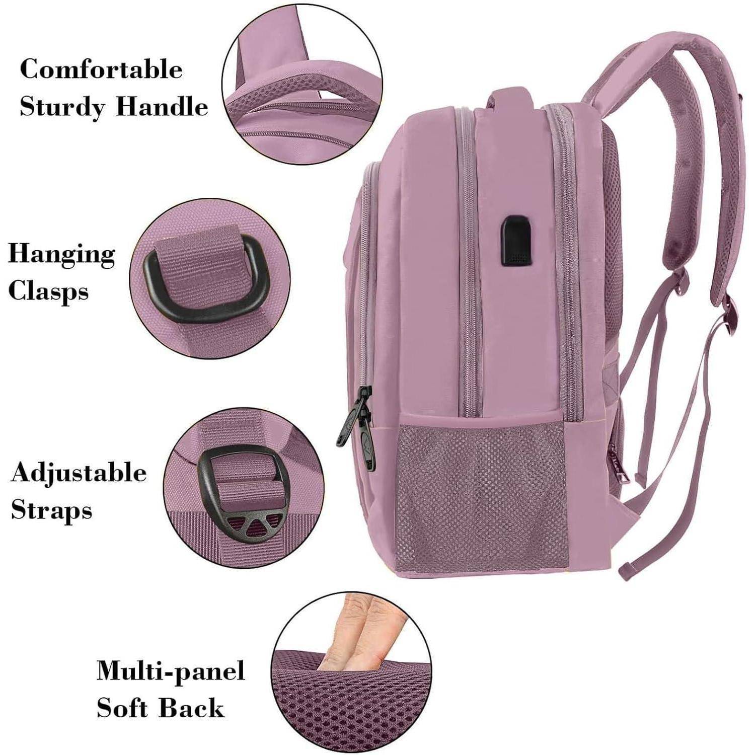 Rosa Rucksack von der Seite mit robustem Griff, hängenden Schnallen, verstellbaren Trägern und weichem Rückenteil mit mehreren Segmenten. Ideal für komfortables Tragen.
