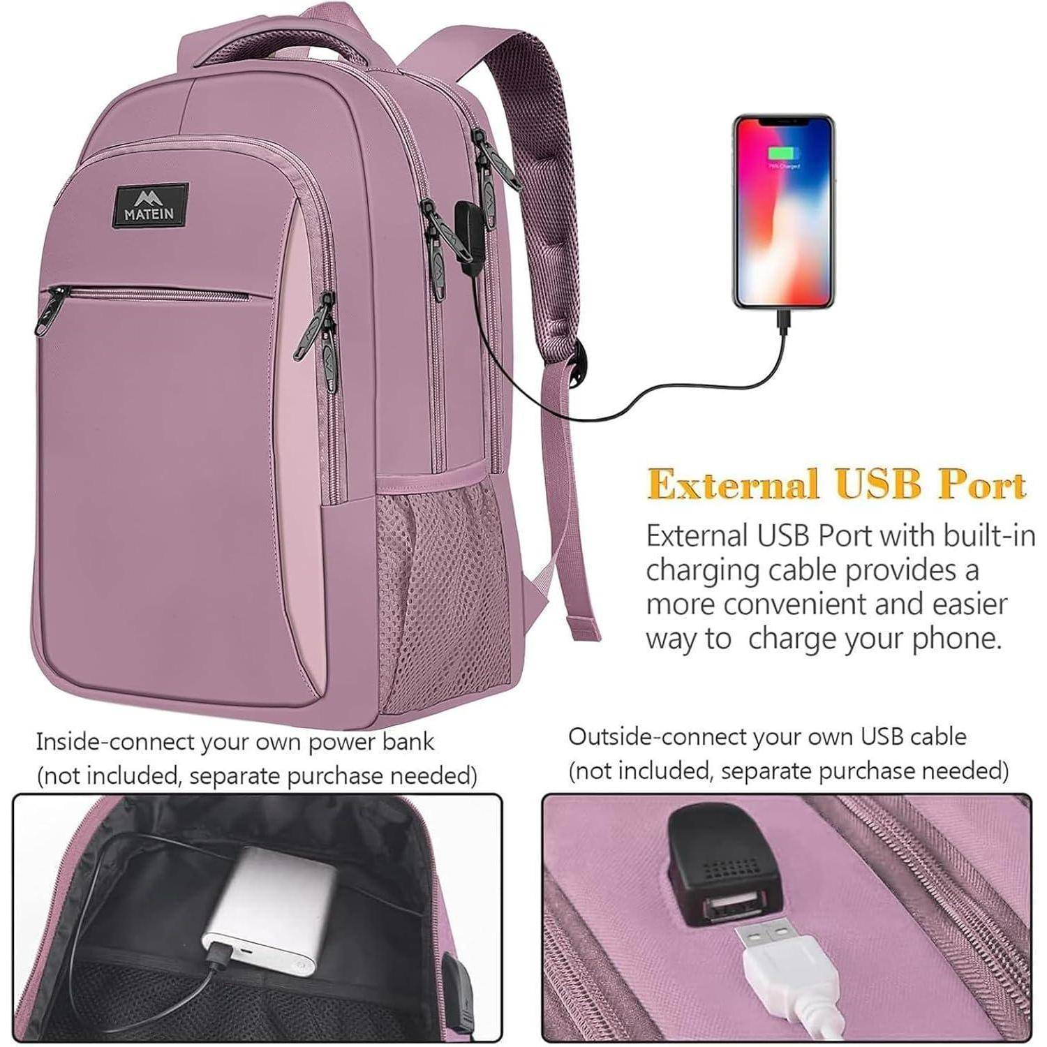 Lila Rucksack mit mehreren Fächern, ausgestattet mit einem externen USB-Anschluss, der mit einem Smartphone verbunden ist, um durch eine Powerbank bequem aufzuladen.