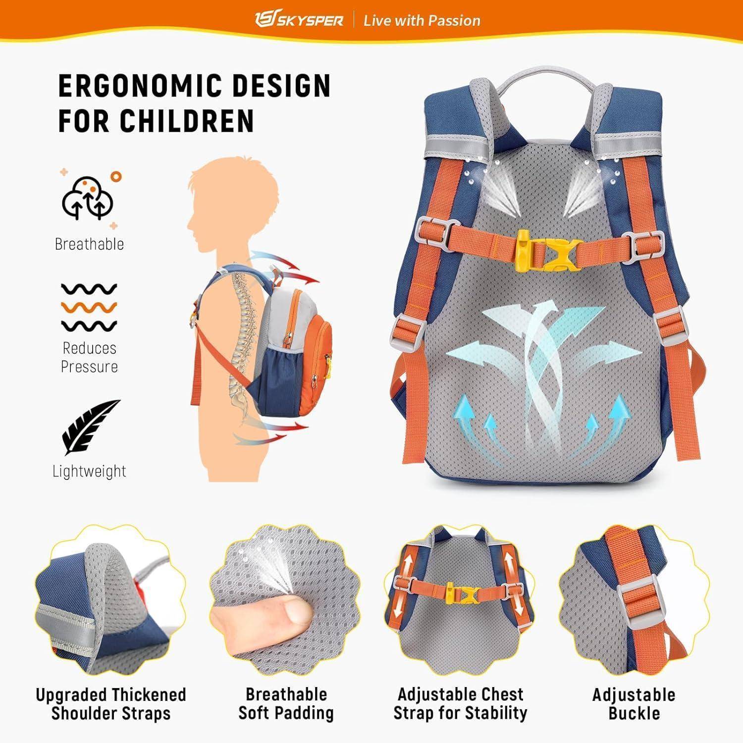 Ergonomisches Design für Kinder: Atmungsaktiv, druckreduzierend, leichtgewichtig. Merkmale umfassen verbesserte Träger, weiches Polster und verstellbaren Brustgurt.