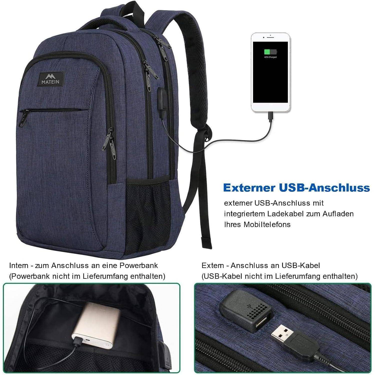 Rucksack Herren Laptopfach USB Wasserdicht 17,3 Zoll Blau