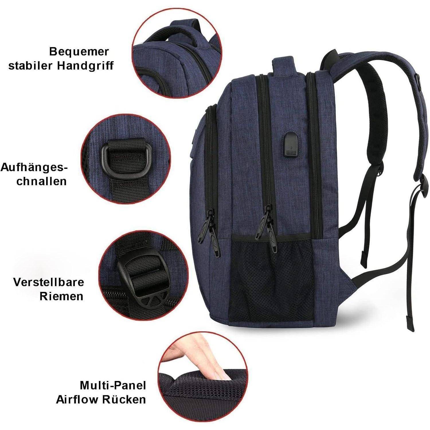 Rucksack Herren Laptopfach USB Wasserdicht 17,3 Zoll Blau