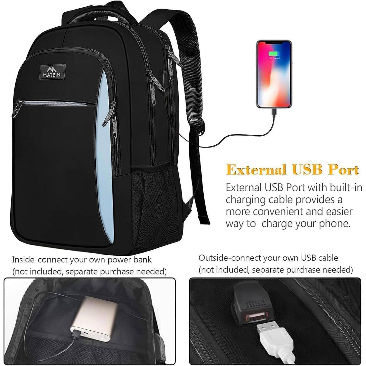 Ein schwarzer Rucksack mit einer hervorgehobenen externen USB-Anschluss-Funktion. Der Text erklärt, wie man eine Powerbank im Inneren des Rucksacks anschließt und ein USB-Kabel nach außen führt, um ein Smartphone zu laden.