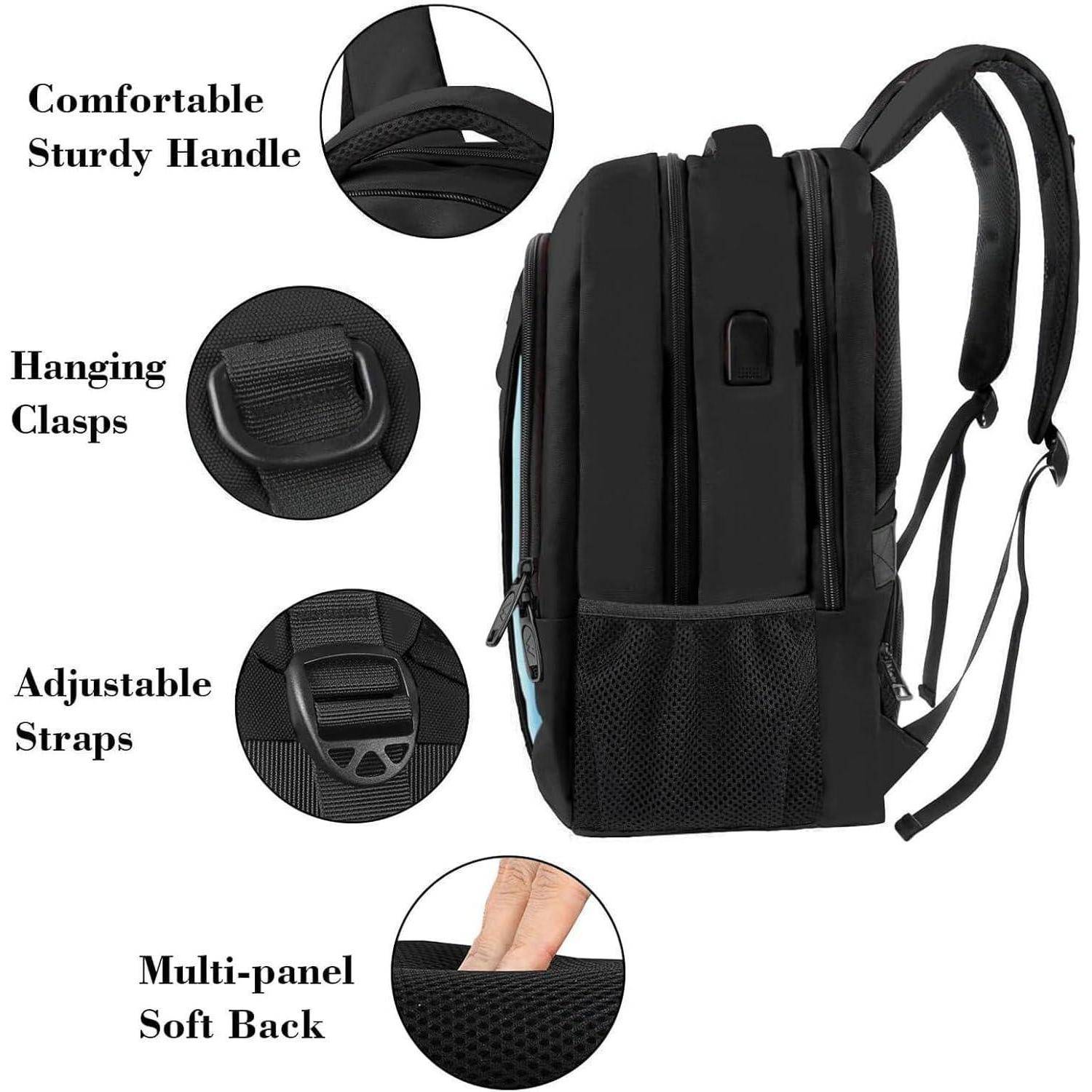 Die Abbildung zeigt einen schwarzen Rucksack mit Eigenschaften wie einem komfortablen Griff, hängenden Karabinern, verstellbaren Trägern und einem mehrpaneligen weichen Rücken.