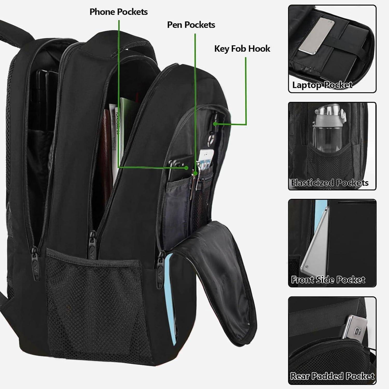 Ein schwarzer Rucksack mit einer Diagrammdarstellung verschiedener Fächer: Handytaschen, Schlaufenfür Stifte, Schlüsselanhängerhaken, Laptop- und elastische Taschen, seitliche und gepolsterte Vordertaschen.