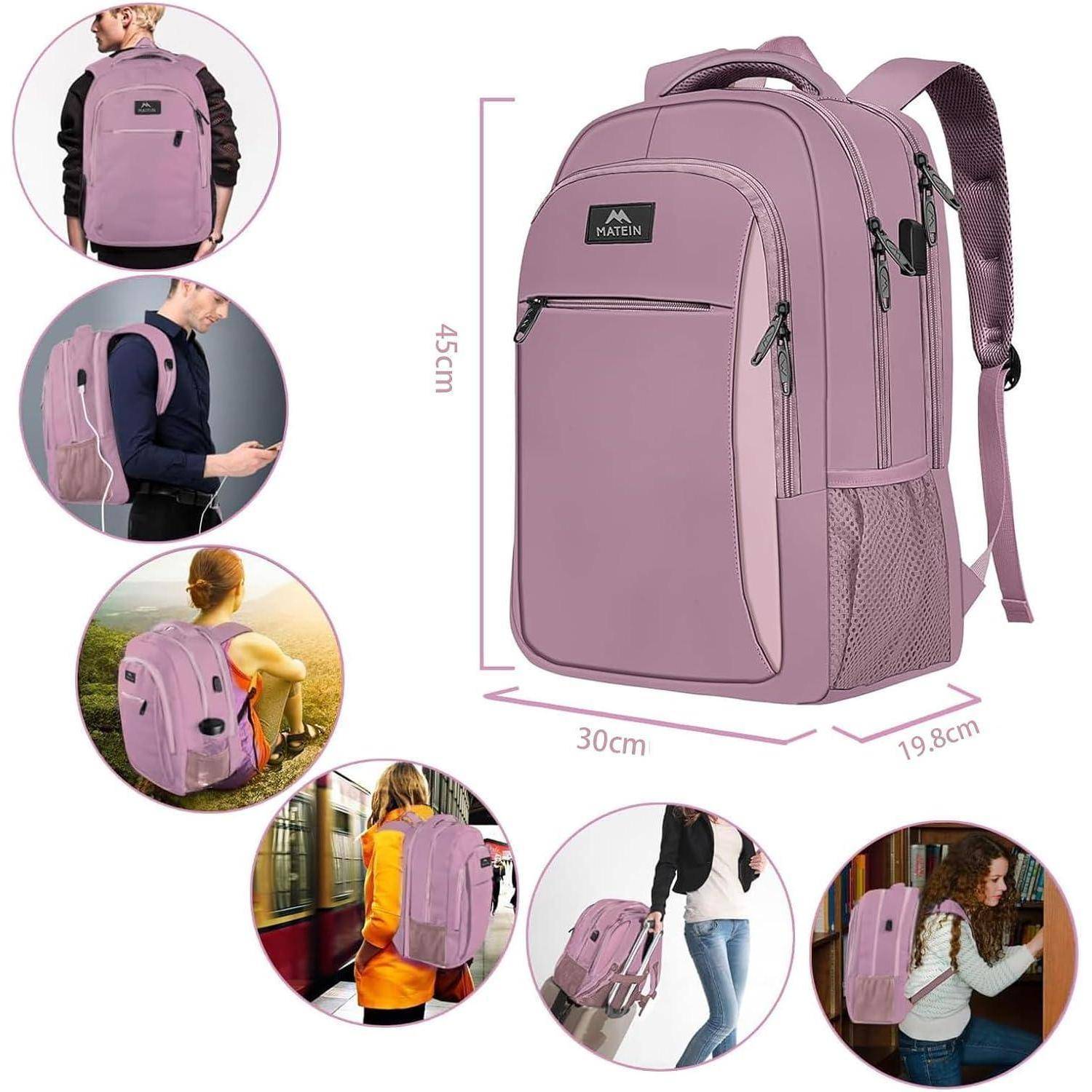 Ein rosa Rucksack mit mehreren Fächern, Netzseitetasche und verstellbaren Trägern, der in verschiedenen Umgebungen getragen wird. Abmessungen: 45 cm x 30 cm x 19,8 cm.