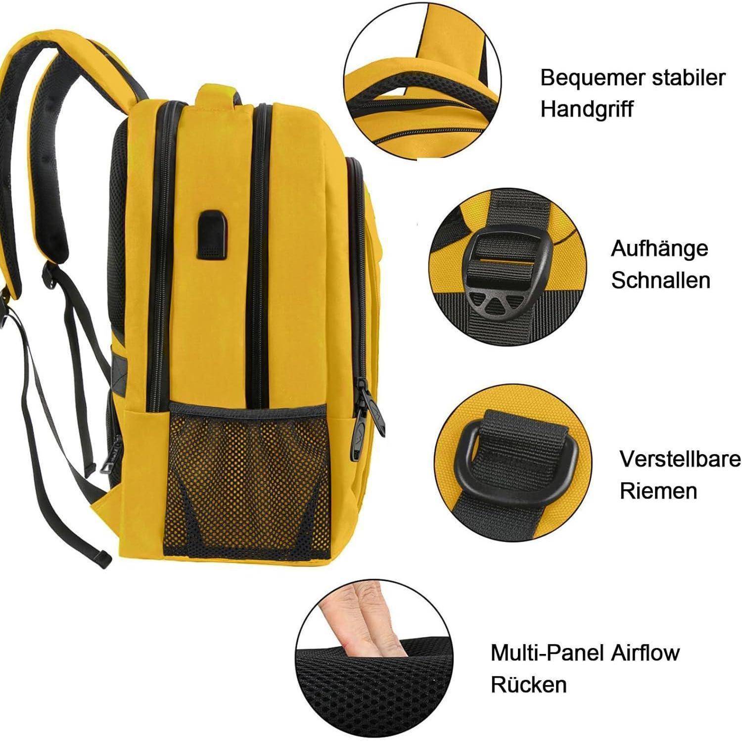 Ein gelber Rucksack mit 'Bequemer stabiler Handgriff', 'Aufhänge Schnallen', 'Verstellbare Riemen' und 'Multi-Panel Airflow Rücken'.