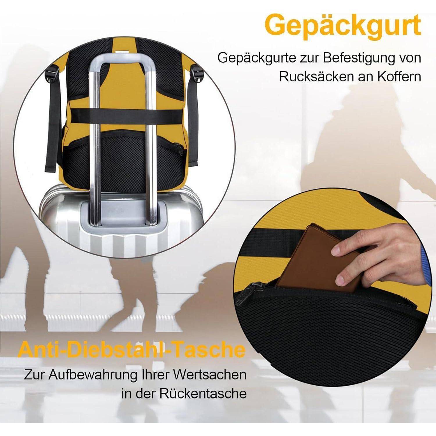 Ein Koffer mit einem gelben Rucksack verfügt über eine Diebstahlschutz-Tasche, dargestellt vor einem unscharfen Hintergrund von laufenden Menschen. Text auf Deutsch diskutiert Gepäckgurte und die Sicherung von Wertsachen.