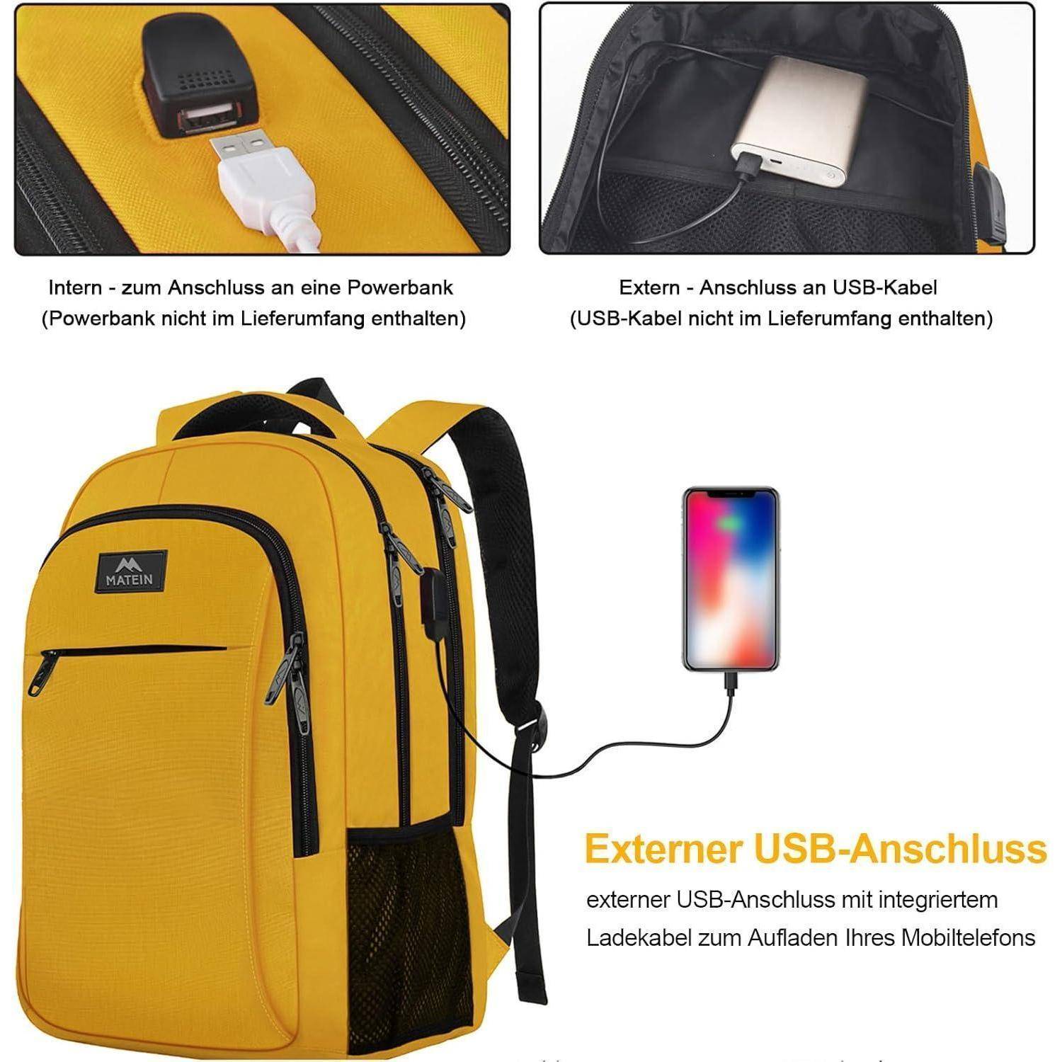 Ein gelber Rucksack mit einer Ladebuchse und einem USB-Anschluss-Fach; zeigt ein Kabel, das mit einem Smartphone verbunden ist und die Ladefunktionalität veranschaulicht.