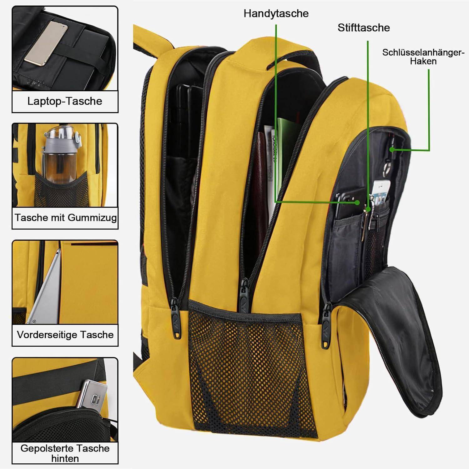 Ein gelber Rucksack mit mehreren Taschen wird gezeigt, der eine Laptoptasche, eine Smartphone-Tasche, eine Stiftetasche, eine elastische Tasche und einen Schlüsselhaken aufweist.
