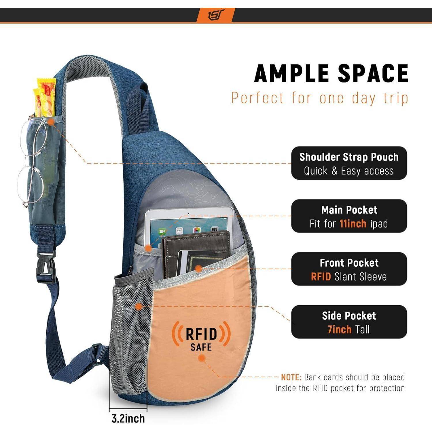 Umhängetasche mit mehreren Fächern, RFID-Schutz und Platz für ein 11-Zoll-Tablet, die organisierte Aufbewahrungsfunktionen präsentiert.